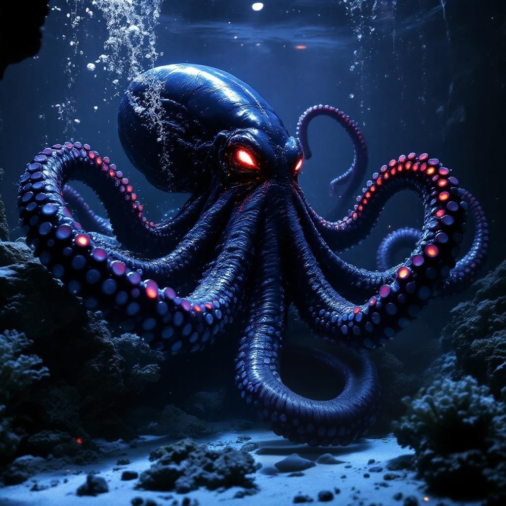 Majestic Dark-Hued Octopus in Enchanting Underwater Scene