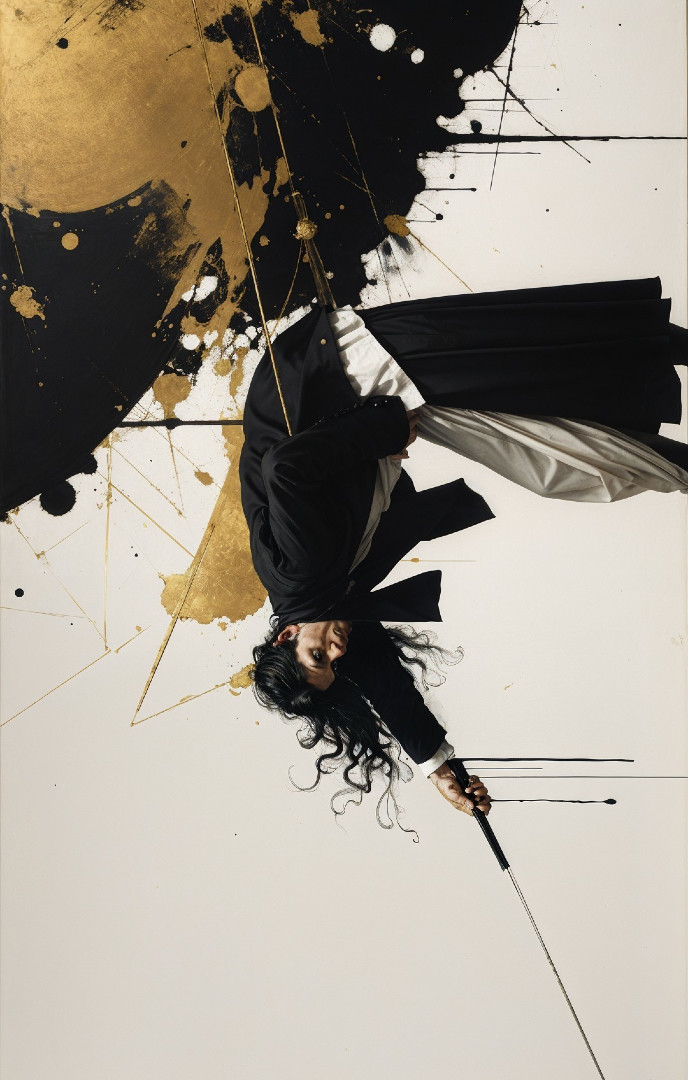 Dramatic Figure in Black Robe with Sword and Gold Splashes