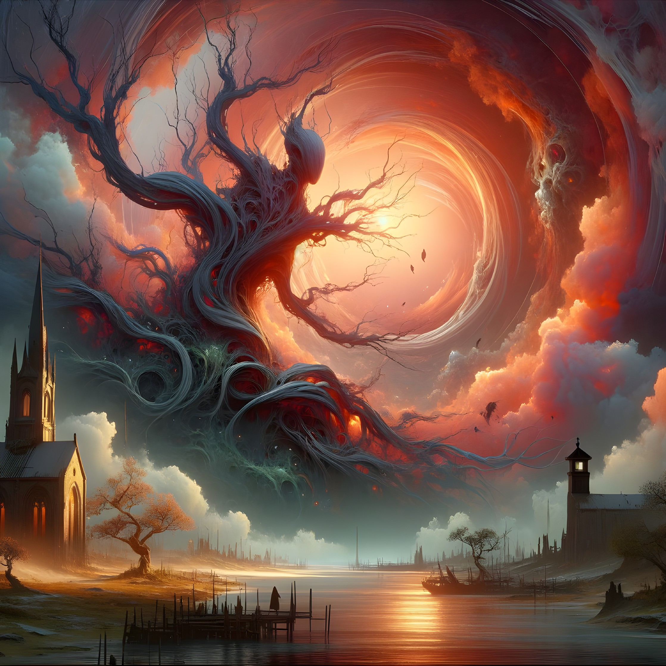 Fantasy Landscape with Vortex and Sunset Over Lake
