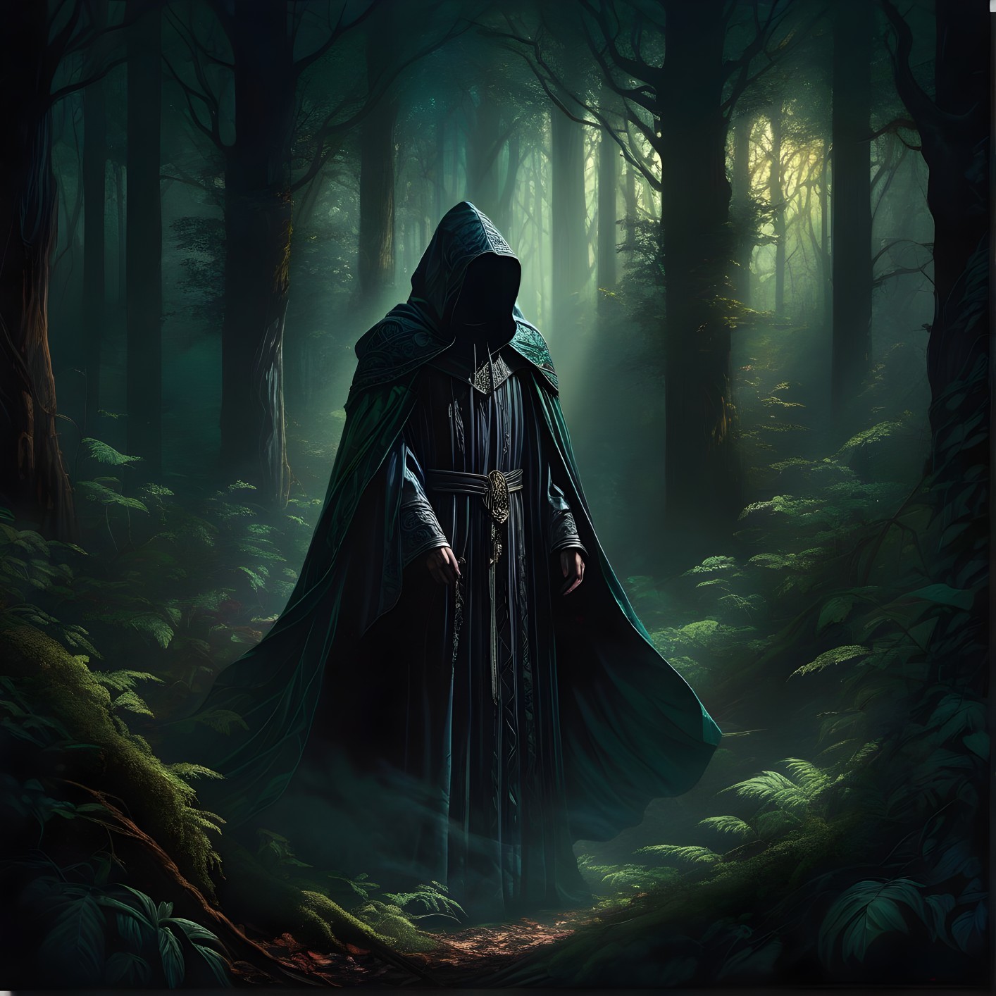 Mysterious Figure in Hooded Cloak in Sunlit Forest