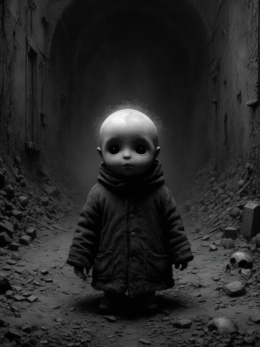 Creepy Doll Figure in Dark Desolate Corridor