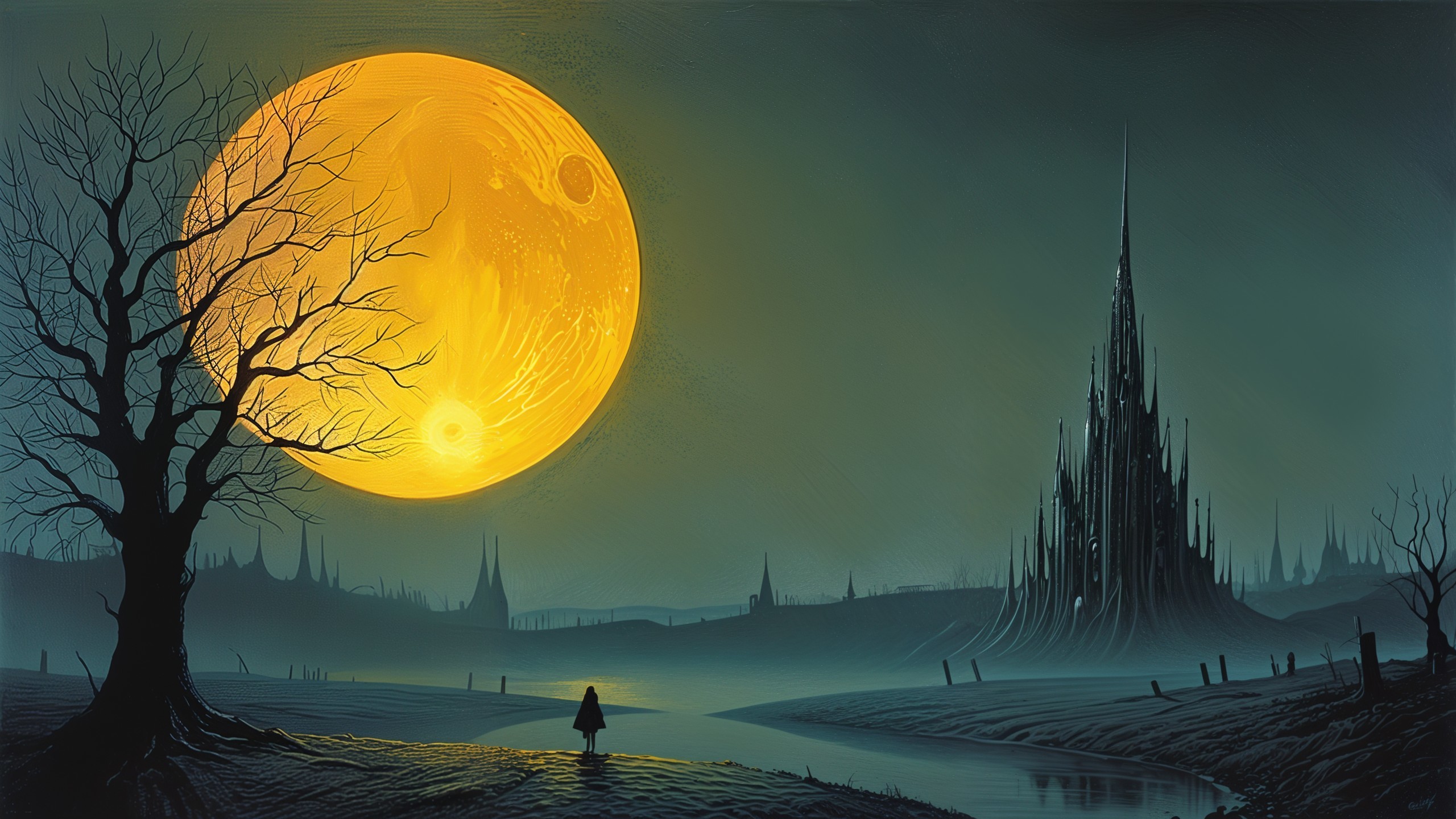 Eerie Landscape with Glowing Moon and Silhouetted Figure