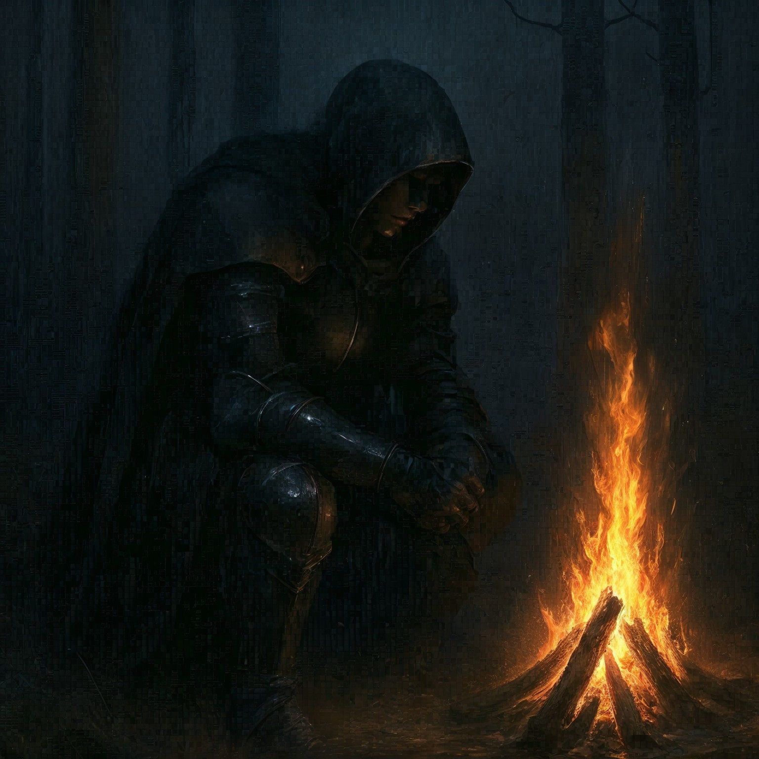 Cloaked Figure by Campfire in Dark Forest Setting
