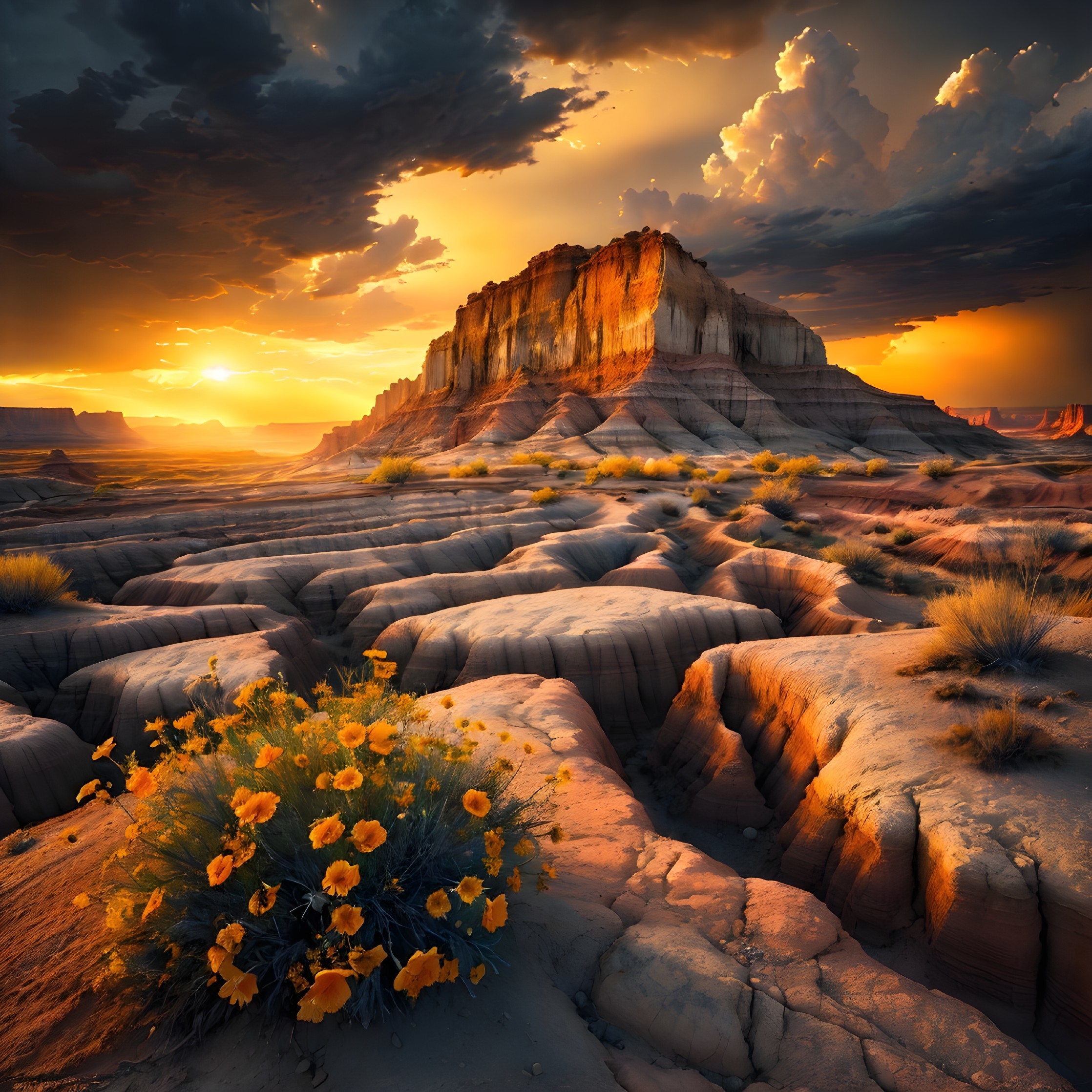 Dramatic Desert Landscape at Sunset with Wildflowers