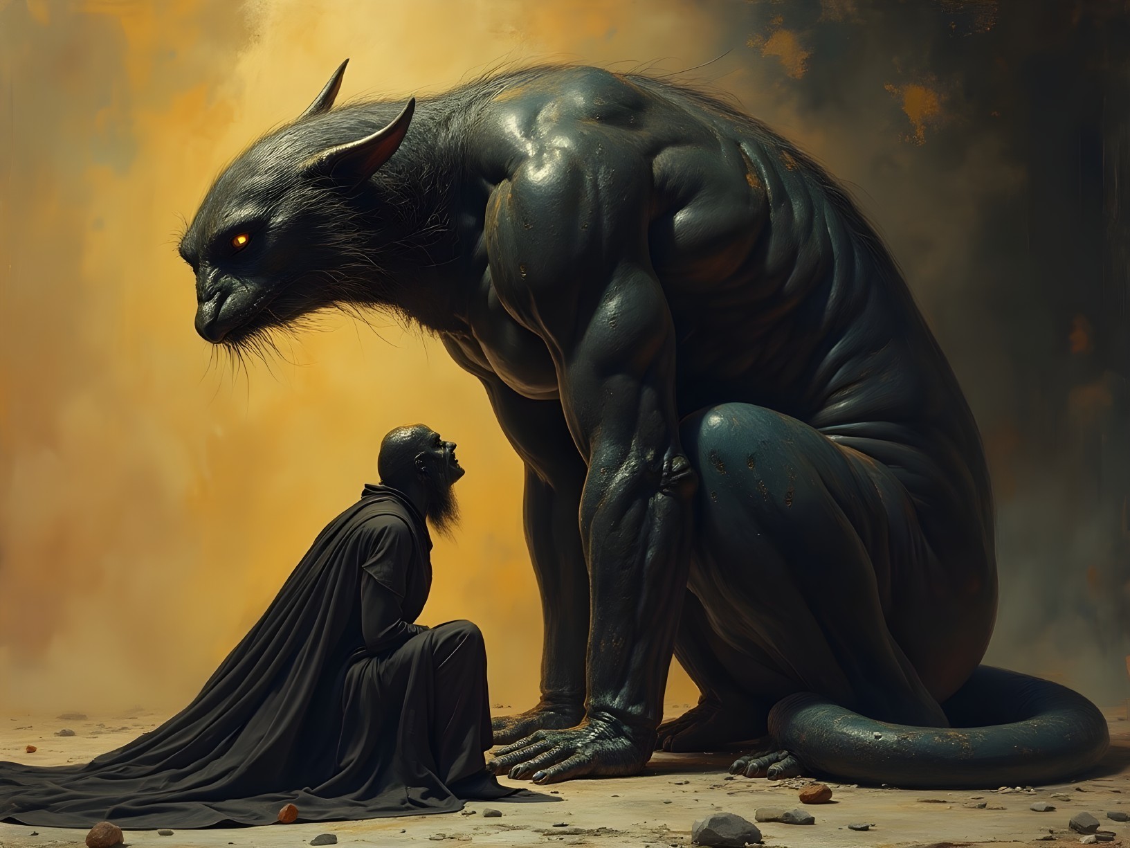 Surreal Scene of Feline Creature and Kneeling Figure