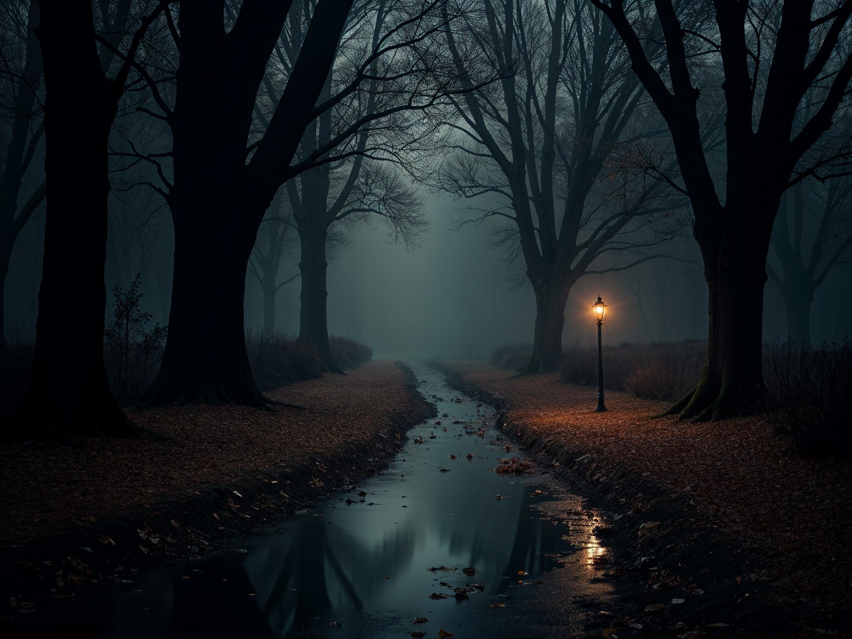 Misty Park Landscape with Trees and Vintage Lamp
