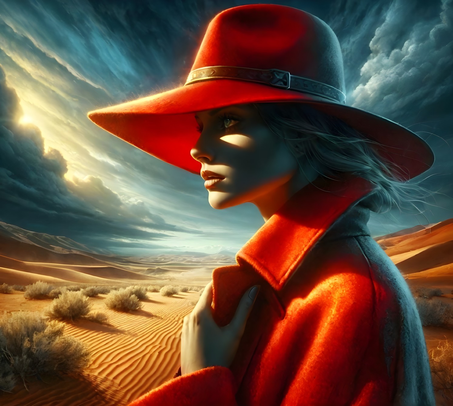 Figure in Desert with Red Hat and Dark Clouds
