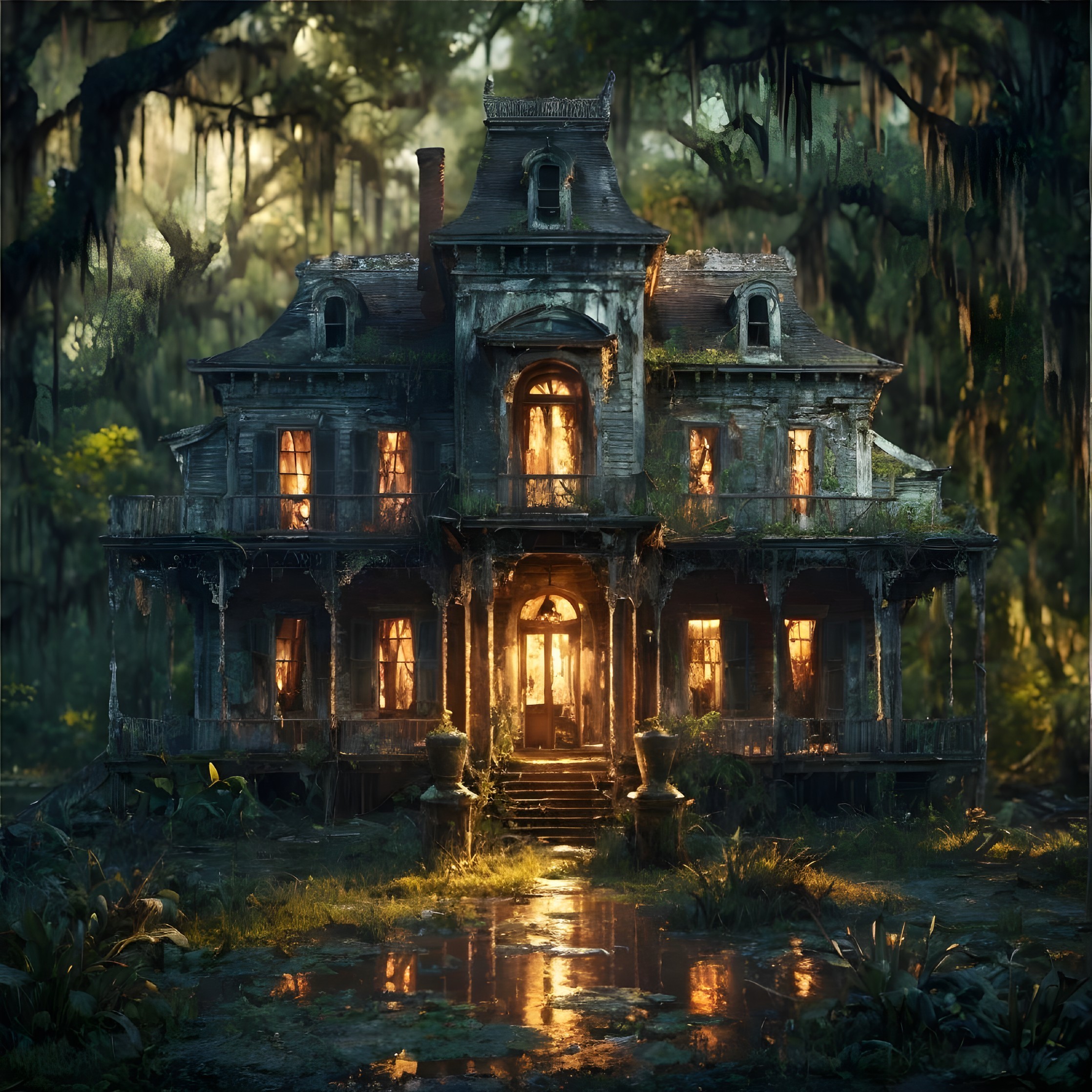 Eerie Two-Story Mansion in Dense Forest at Dusk