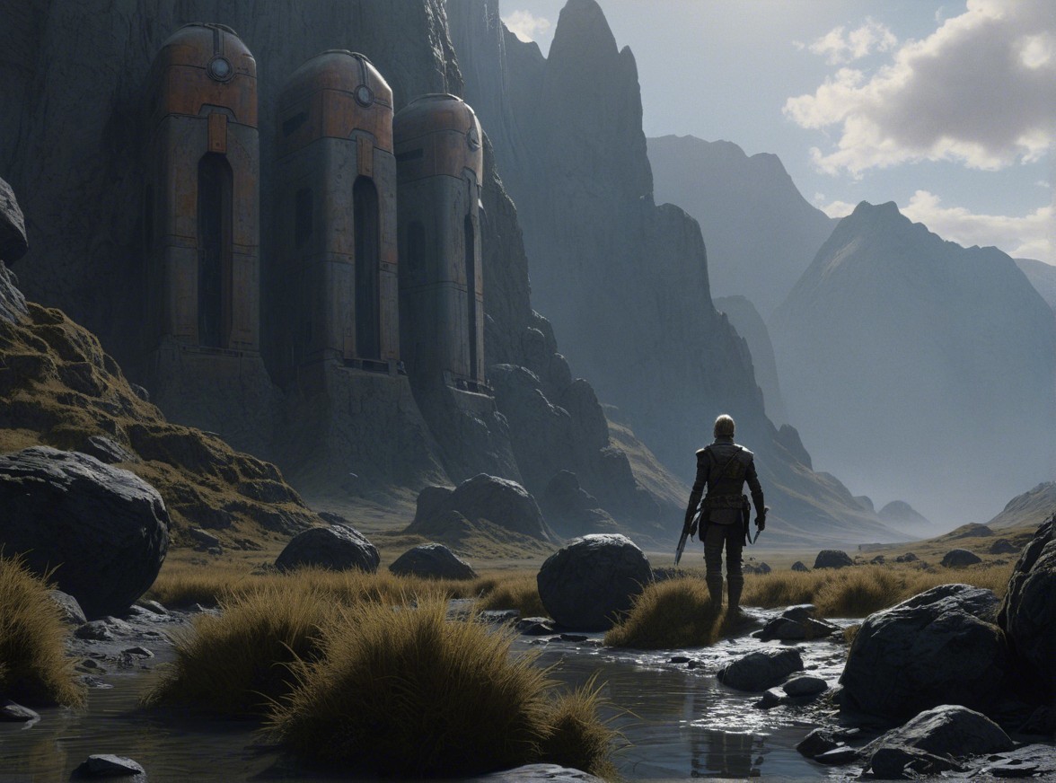 Lone Figure in Rugged Landscape with Futuristic Structures