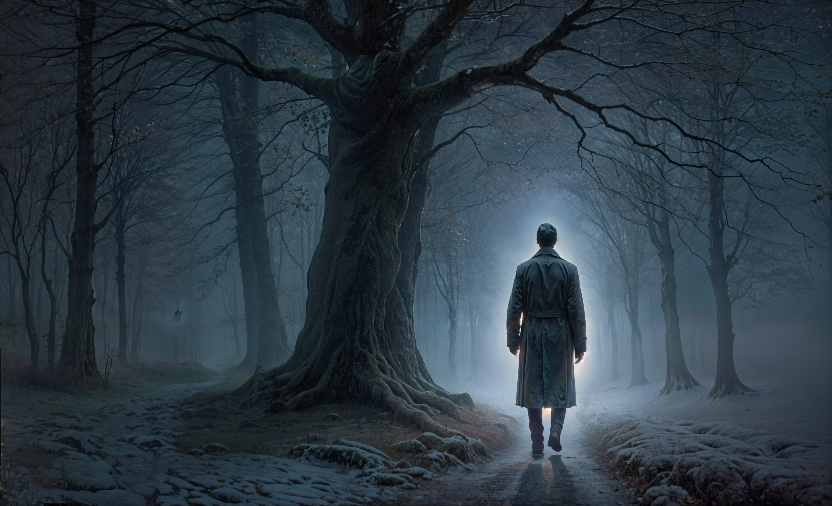 Misty Forest Path with Lone Figure in Long Coat