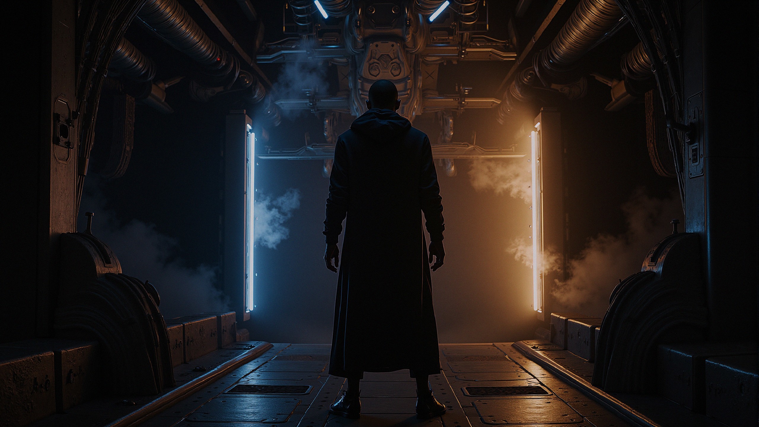 Silhouette in a Dimly Lit Corridor with Contrasting Lights