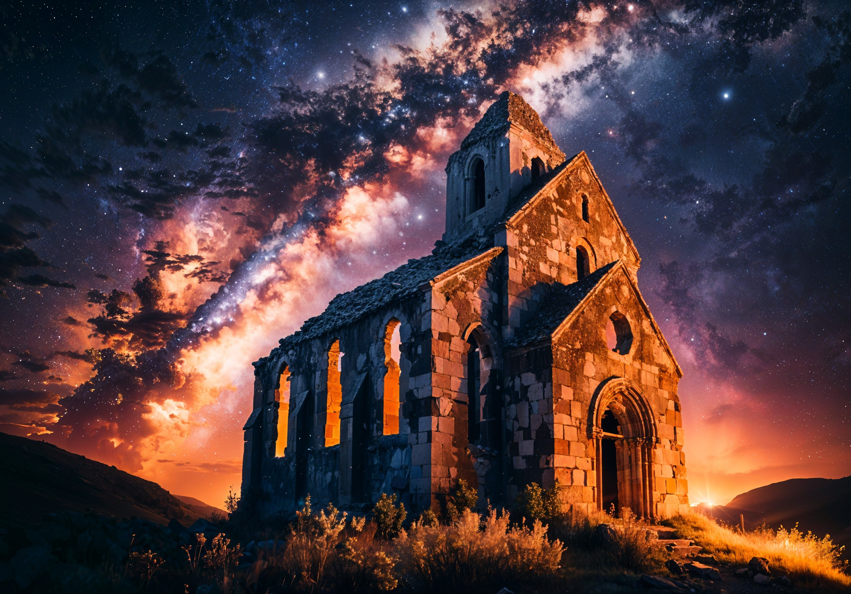 Weathered Stone Church Against Cosmic Backdrop