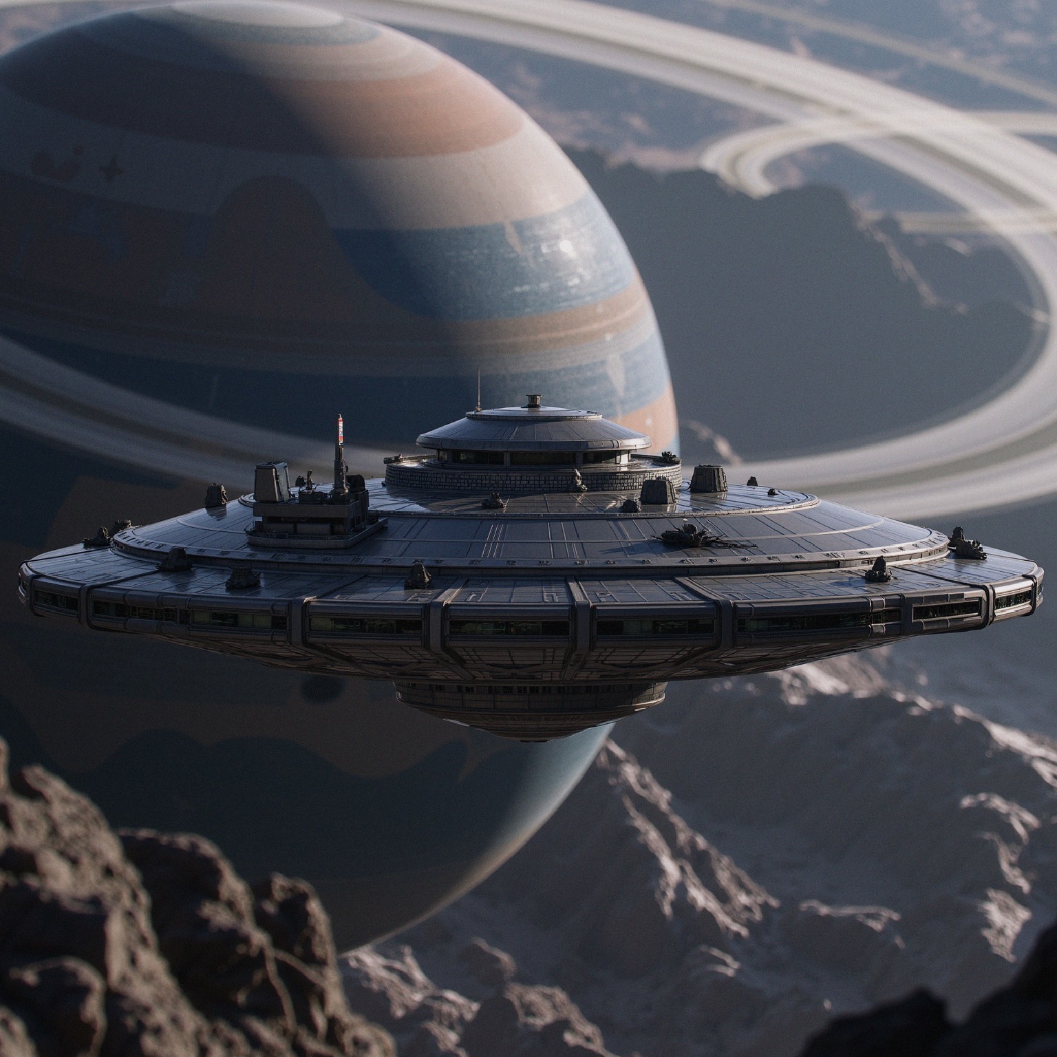 Futuristic Spacecraft Above Rocky Landscape with Saturn