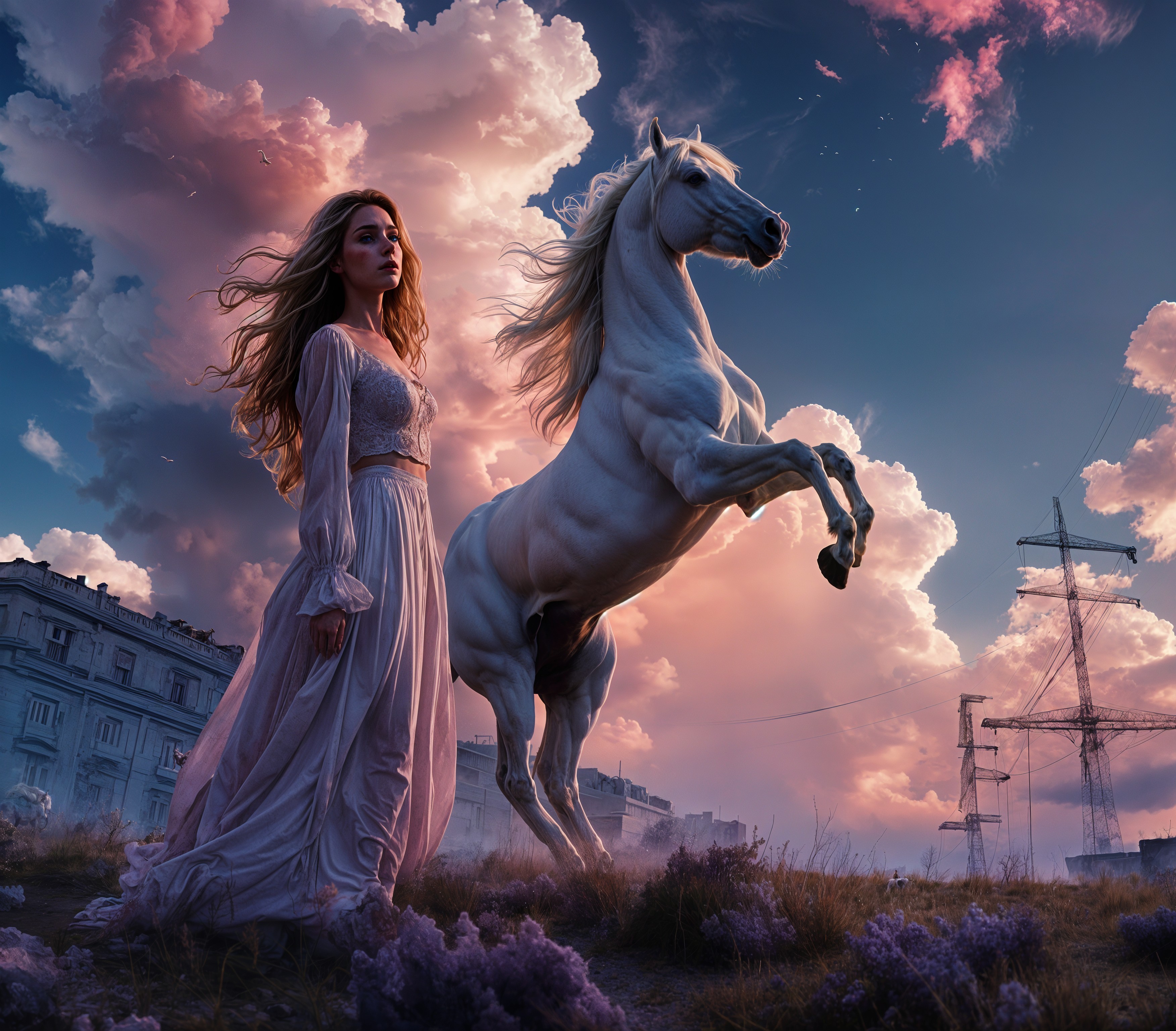Mystical Scene of Woman and White Horse at Sunset