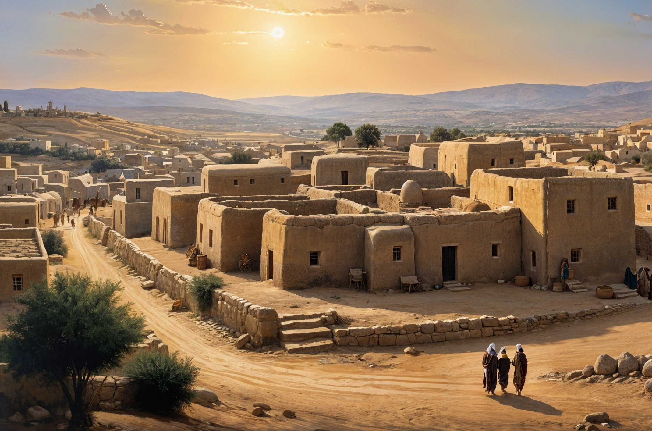 Historic village with adobe houses at sunset