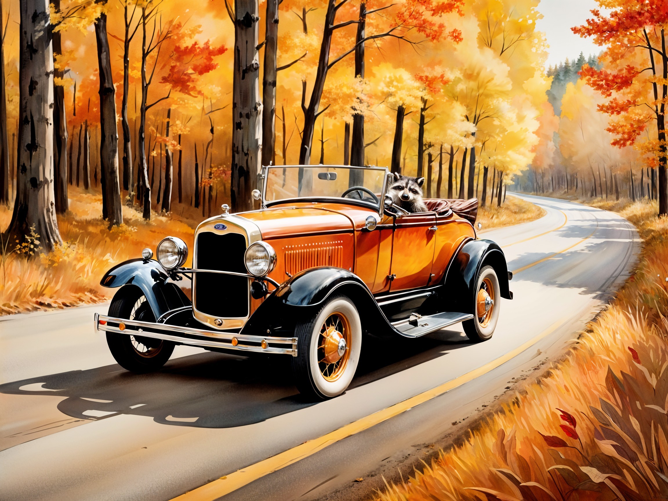 Vintage Orange Convertible on Autumn Road with Raccoon