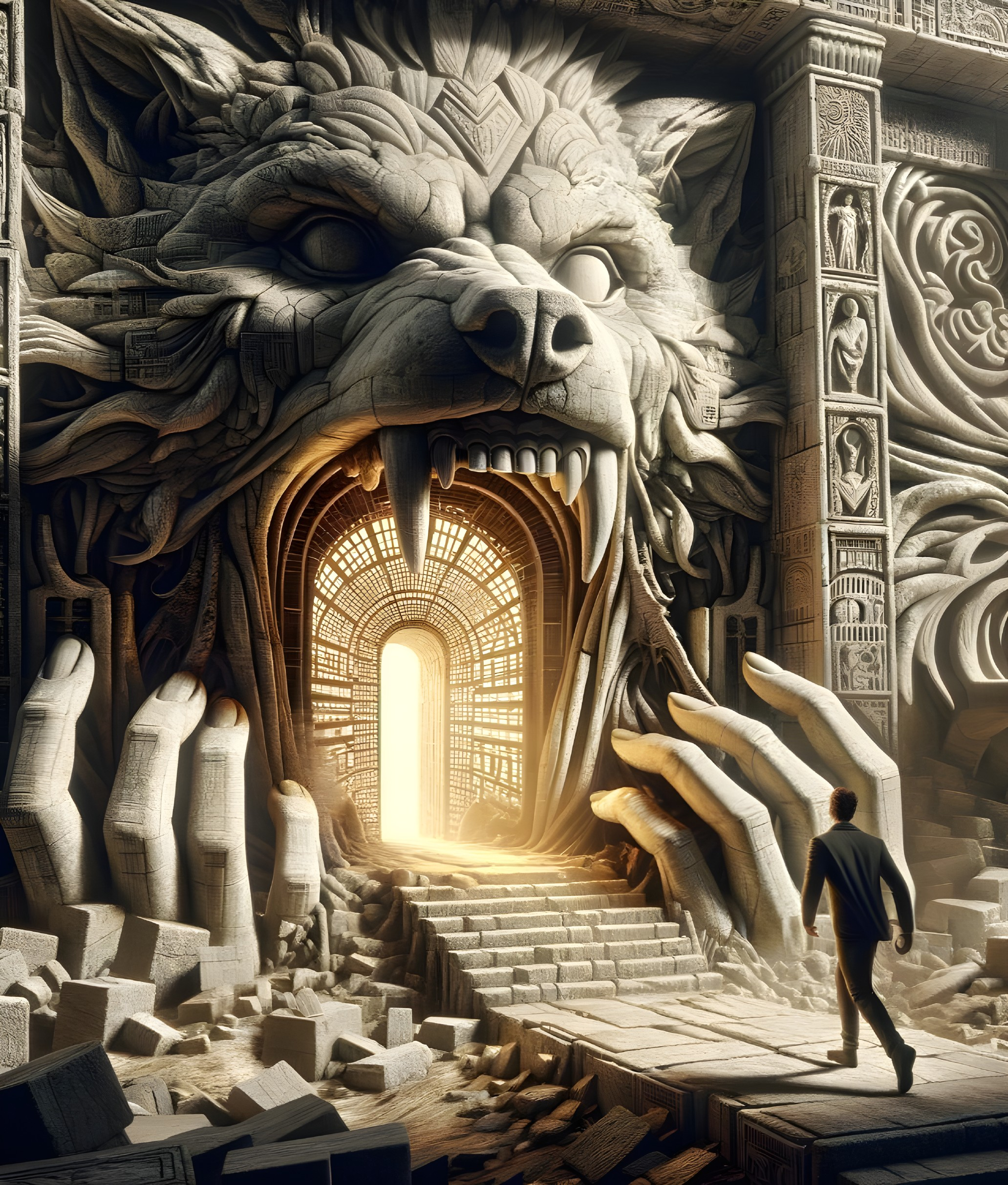 Giant Lion Head Entrance Surrounded by Ancient Ruins