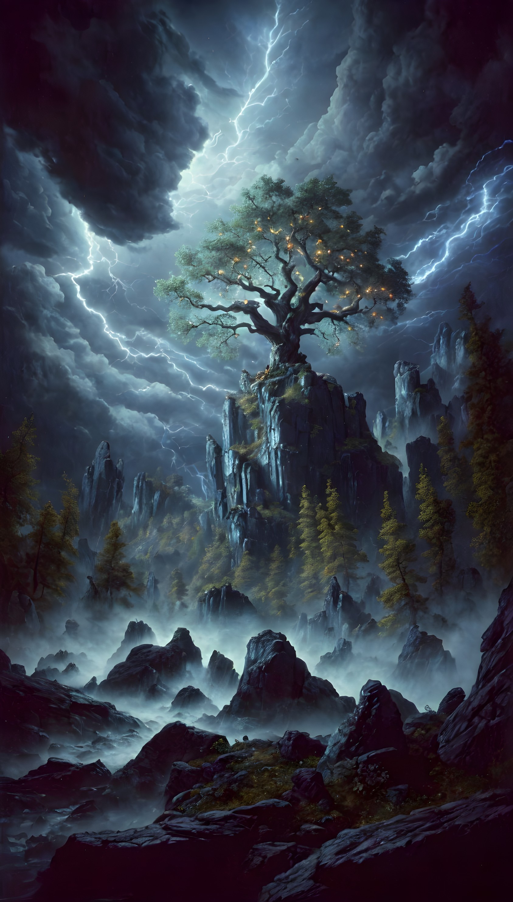 Solitary Tree on Rugged Cliff During Dramatic Storm