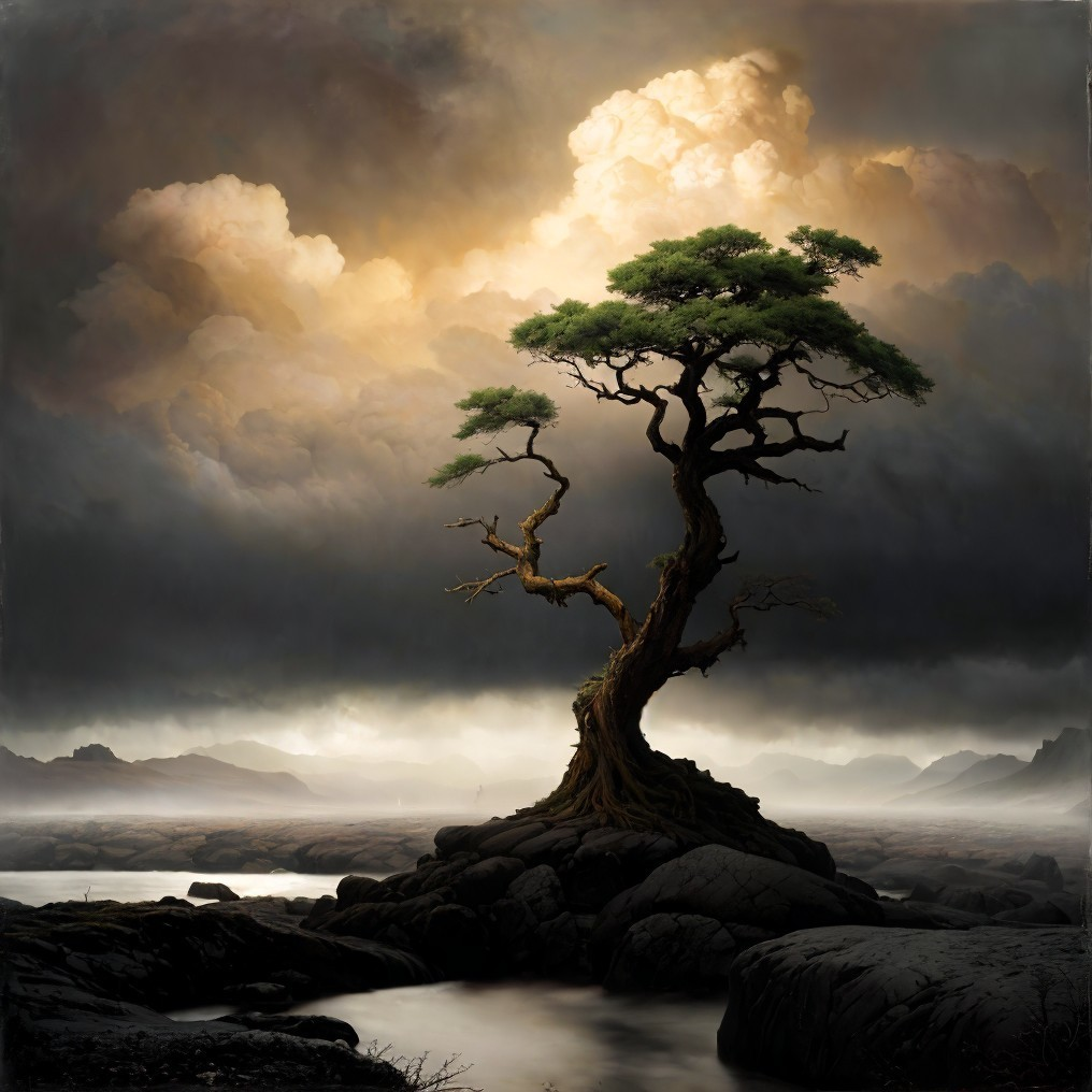 Lonely tree on boulders in water under stormy sky with sunlight.