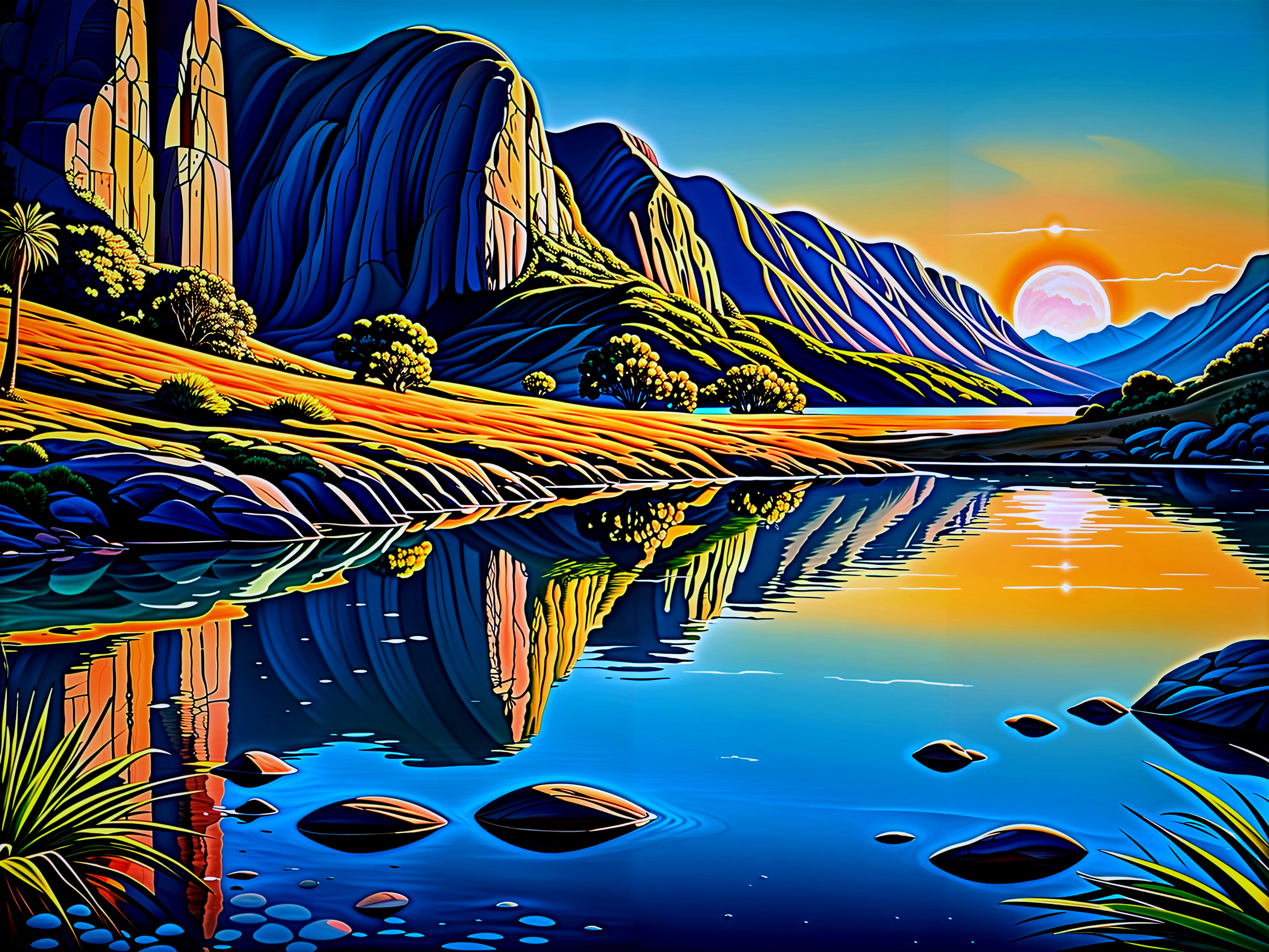 Majestic Mountains Reflected in a Serene Sunset River