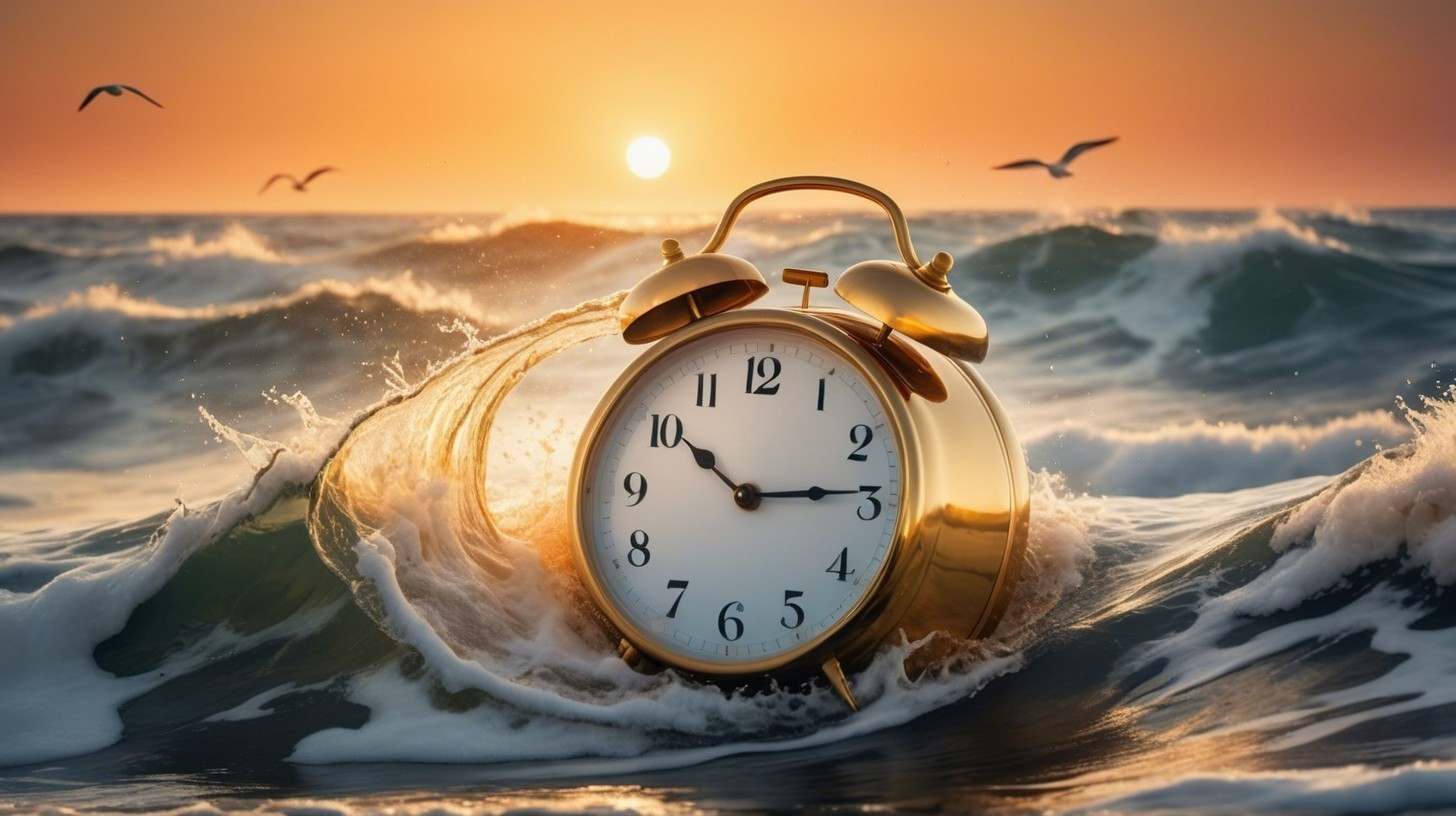 Golden Alarm Clock Rising from Ocean Waves at Sunset