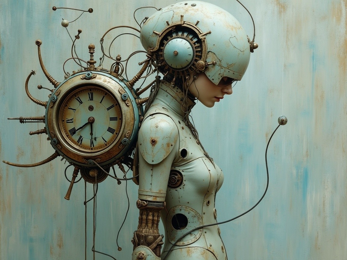Futuristic humanoid robot with steampunk design elements