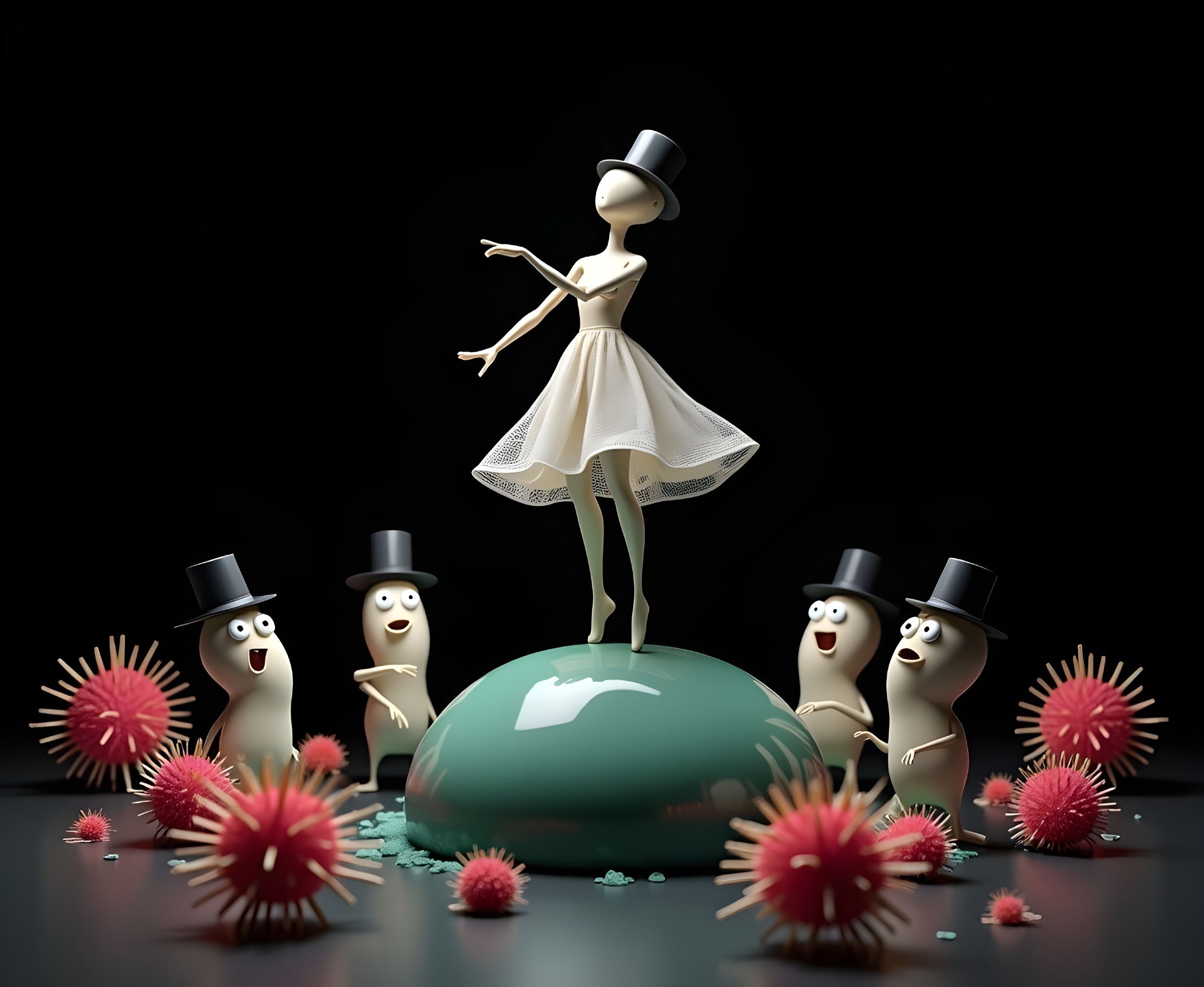 Whimsical Scene with Elegant Figure and Cartoon Characters