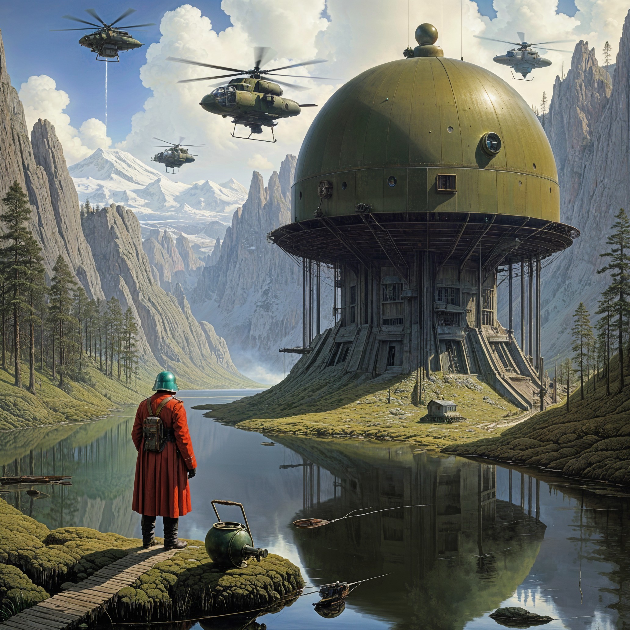 Surreal Landscape with Futuristic Dome and Mountains