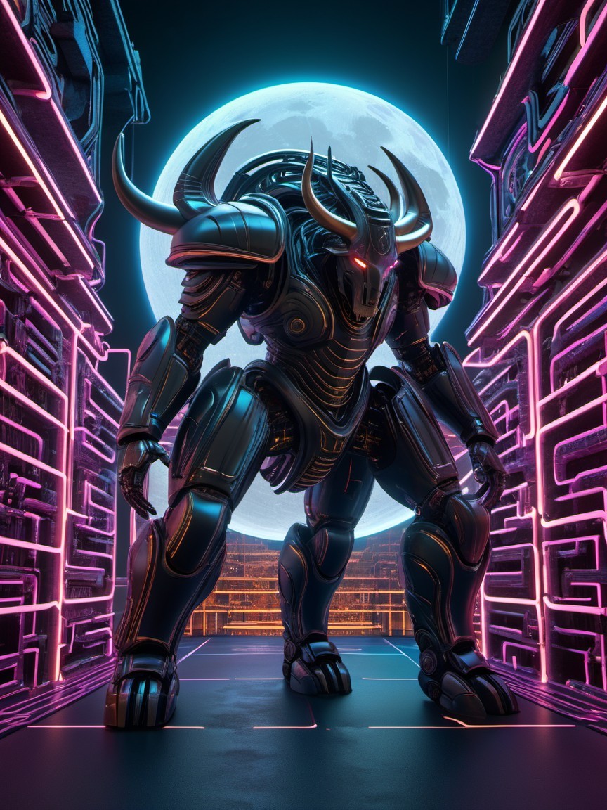 Futuristic Robot in Neon-Lit Sci-Fi Corridor
