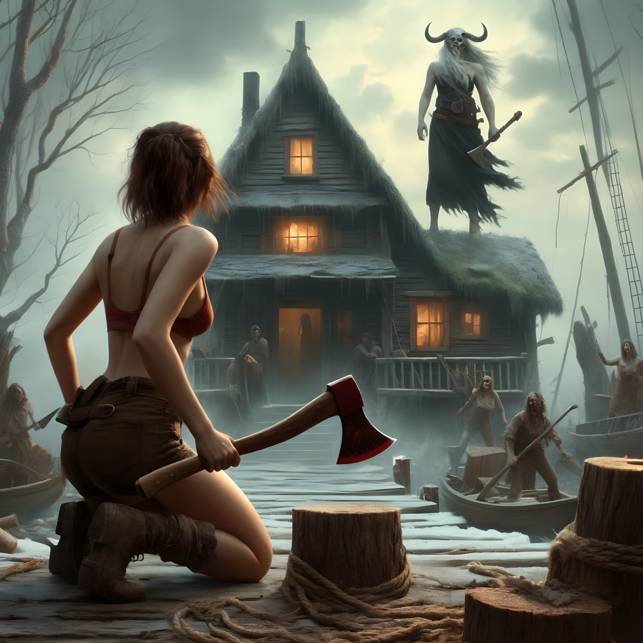 Woman with axe on dock near Viking warriors and ship