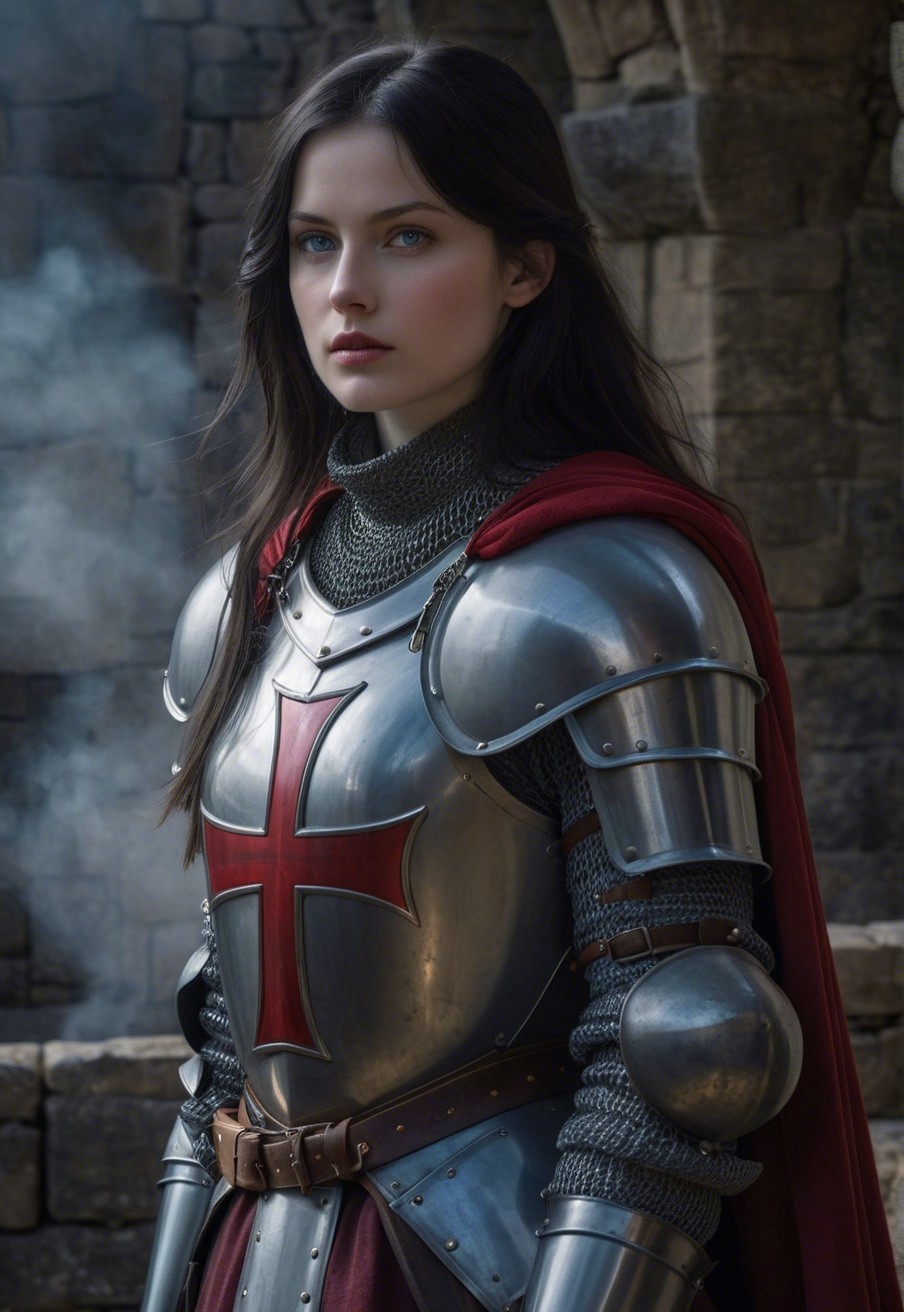 Young Woman in Medieval Armor with Red Cross and Cape