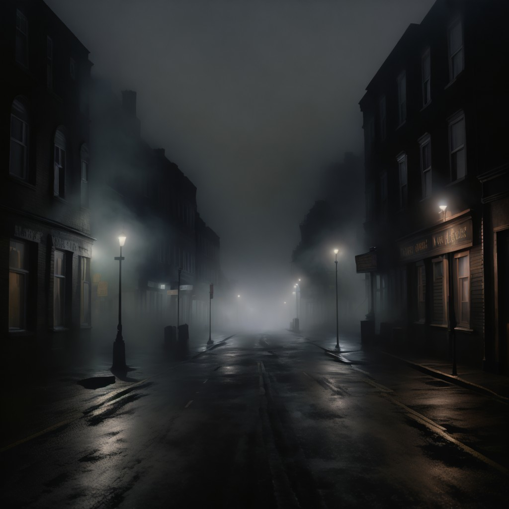 Desolate foggy street with vintage street lamps