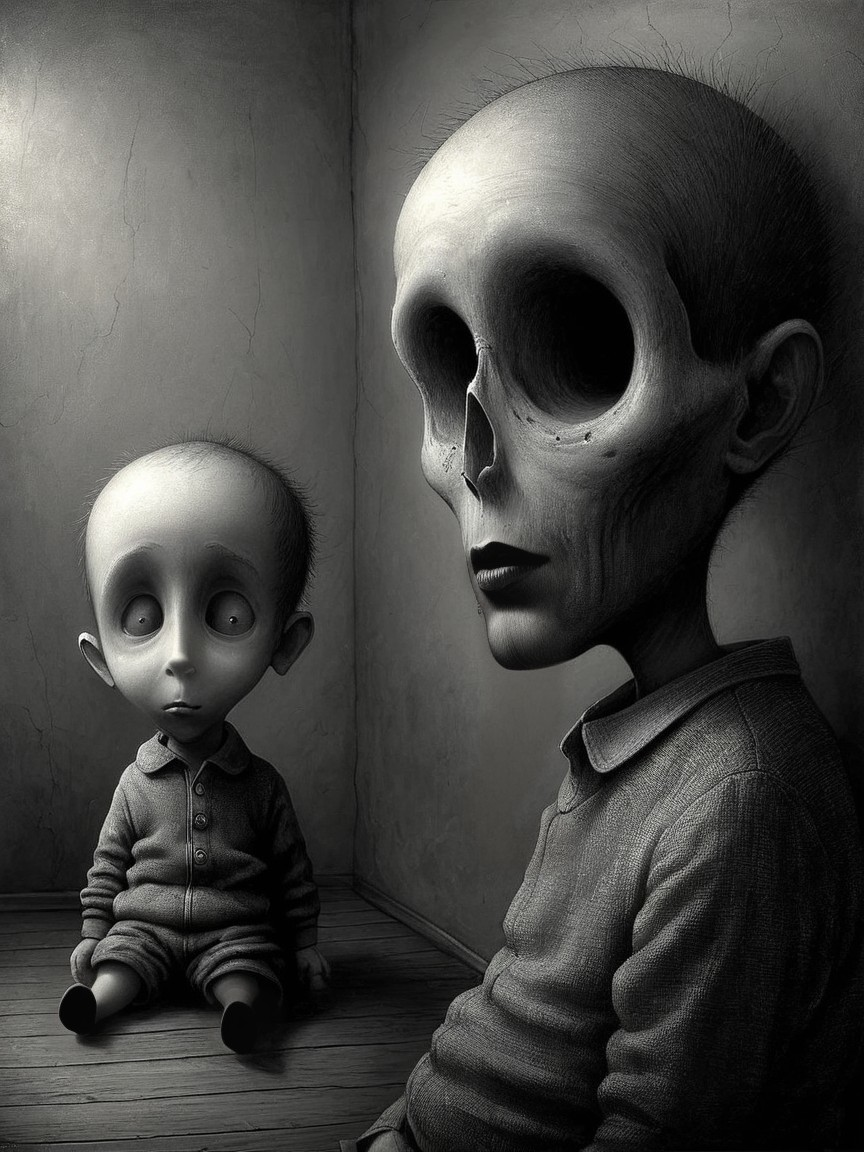 Child and Skeletal Figure in Stark Room Setting