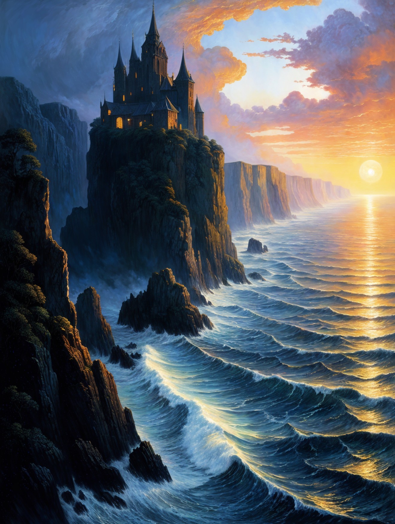Castle on Cliff with Sunset and Ocean View