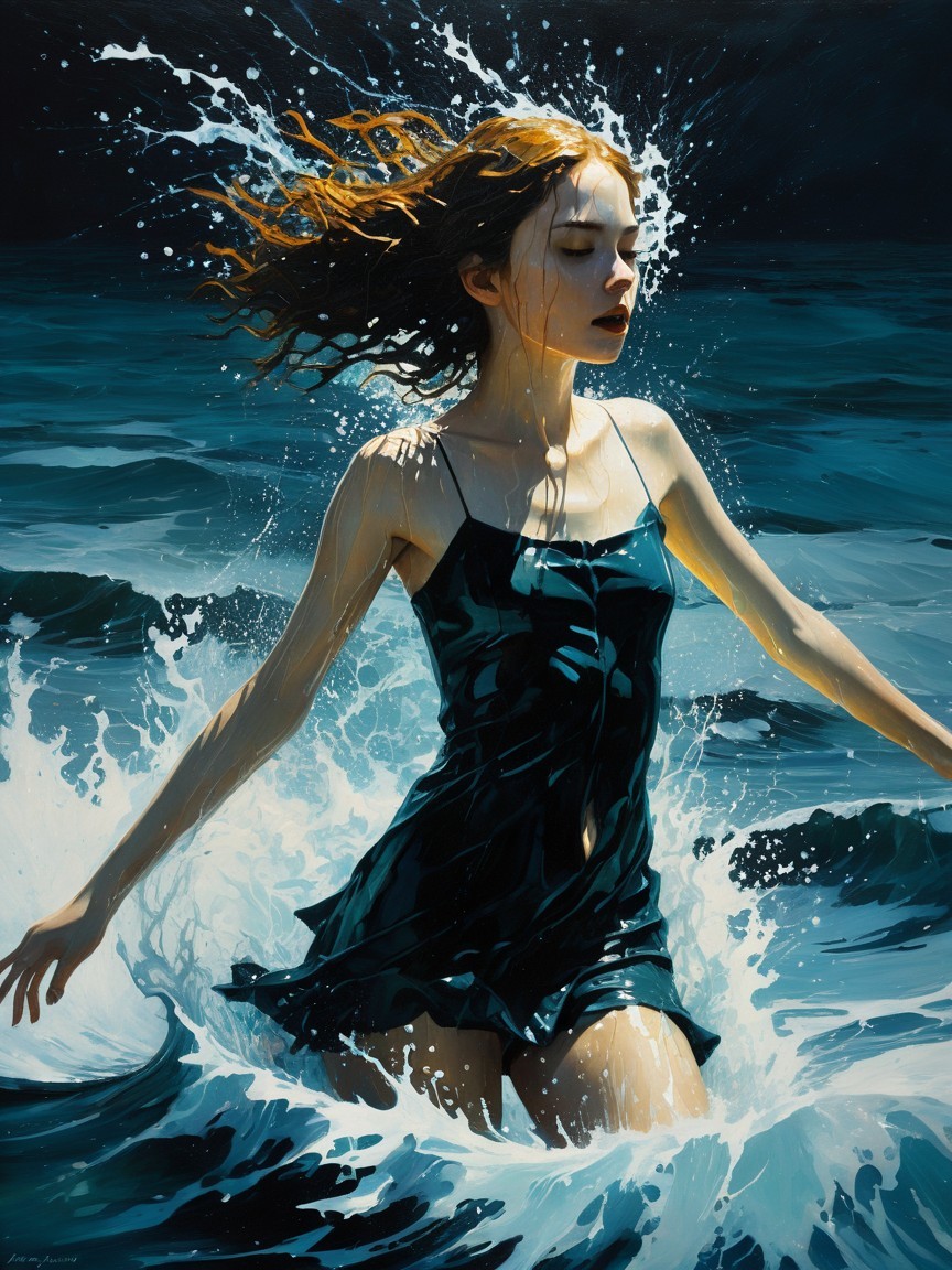 Young woman in ocean with flowing hair and green dress