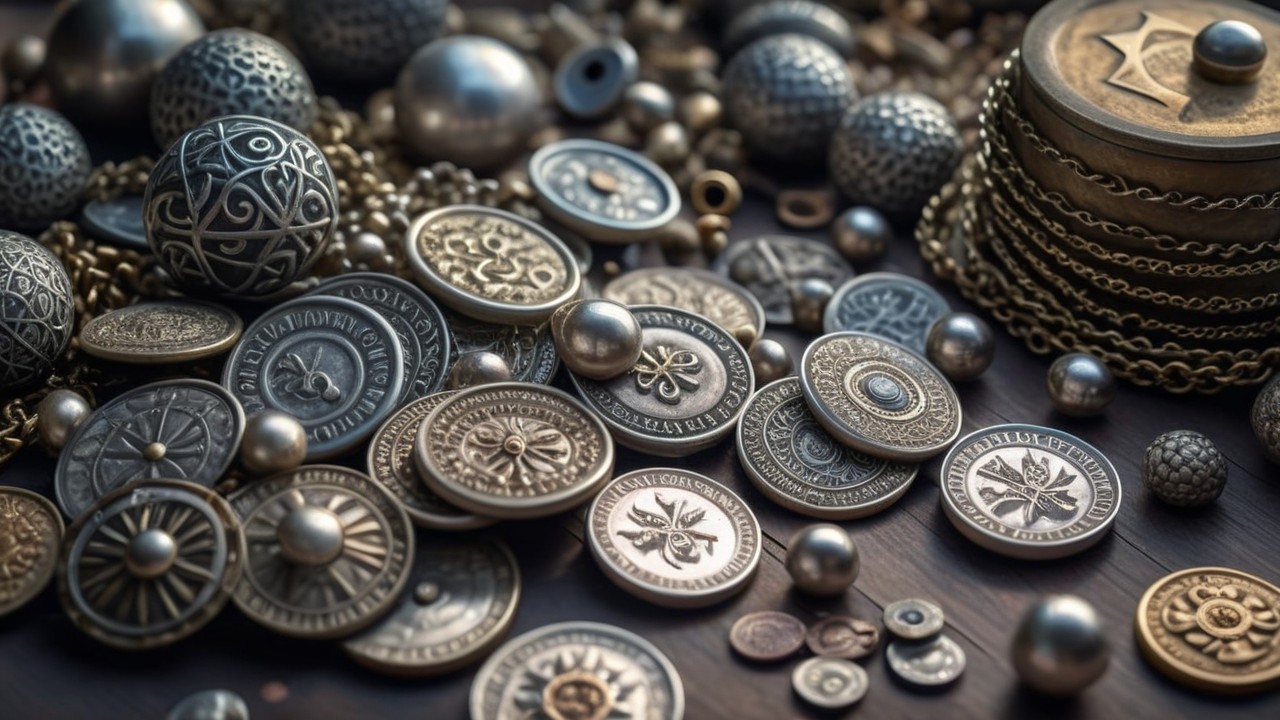 Antique Metallic Coins and Decorative Elements Arrangement