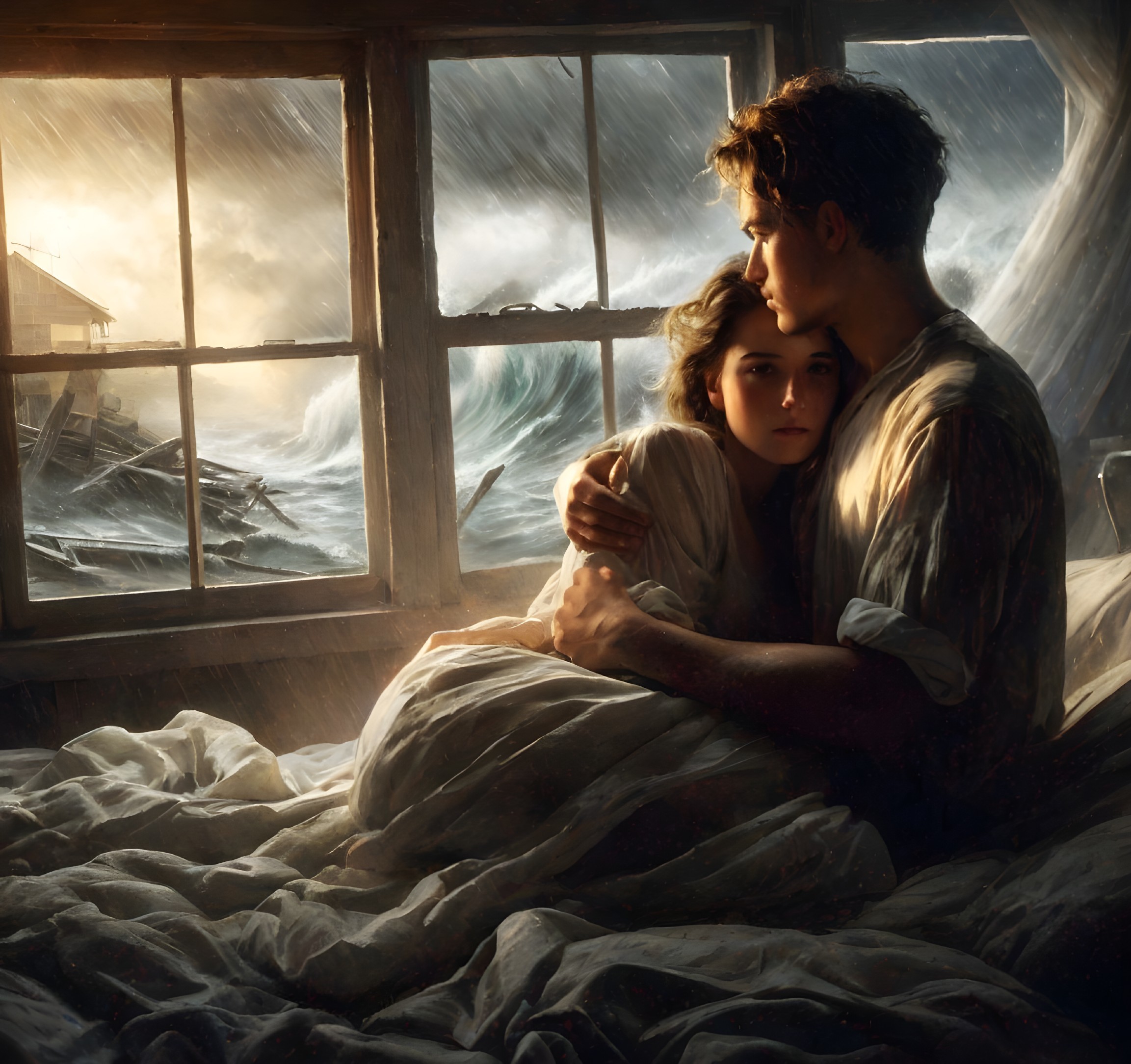Couple Embracing by Window with Stormy Sea View
