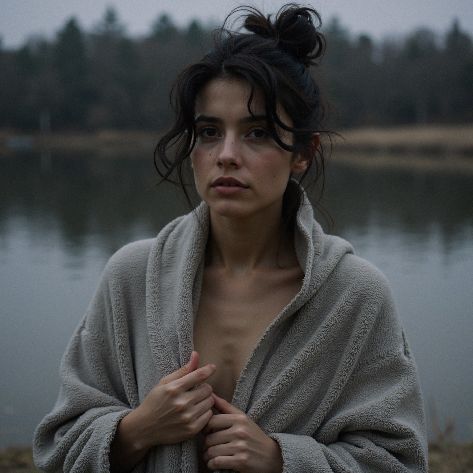Young Woman in Robe by Calm Lake in Misty Landscape