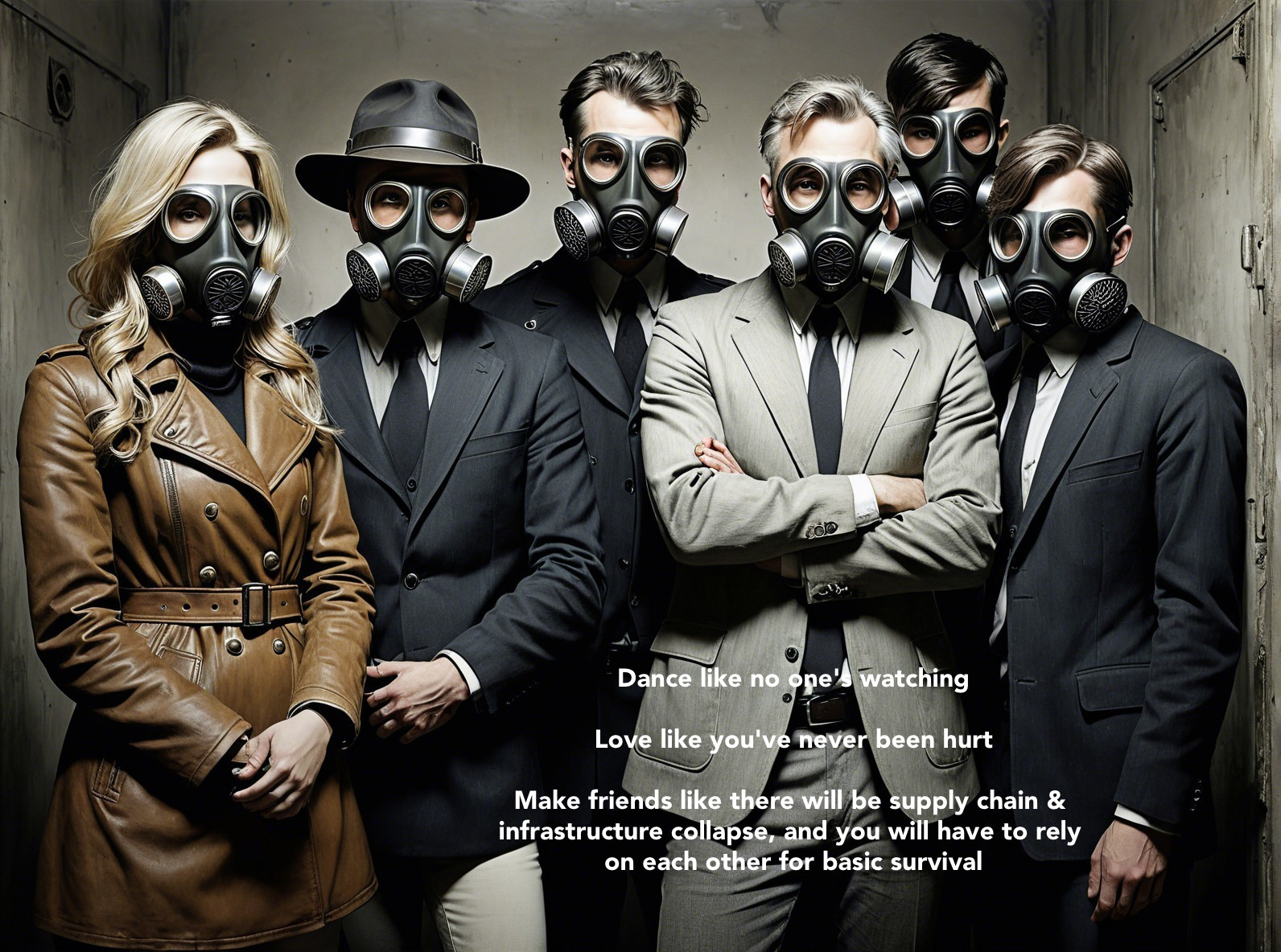 Group in Stylish Outfits and Gas Masks in Corridor