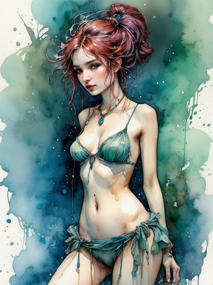 Watercolor Artwork of Young Woman with Red Hair
