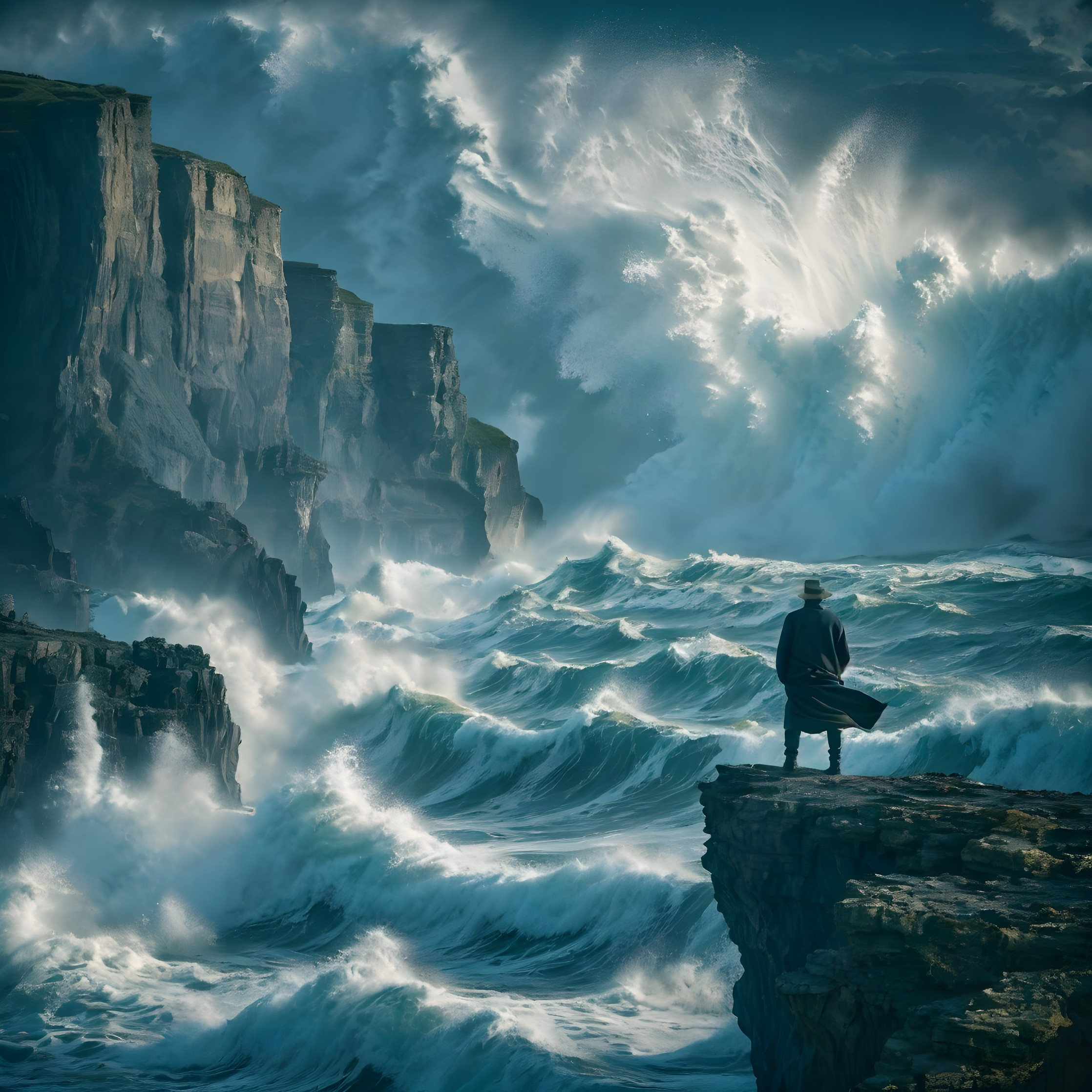 Solitary Figure on Cliff Overlooking Stormy Waves