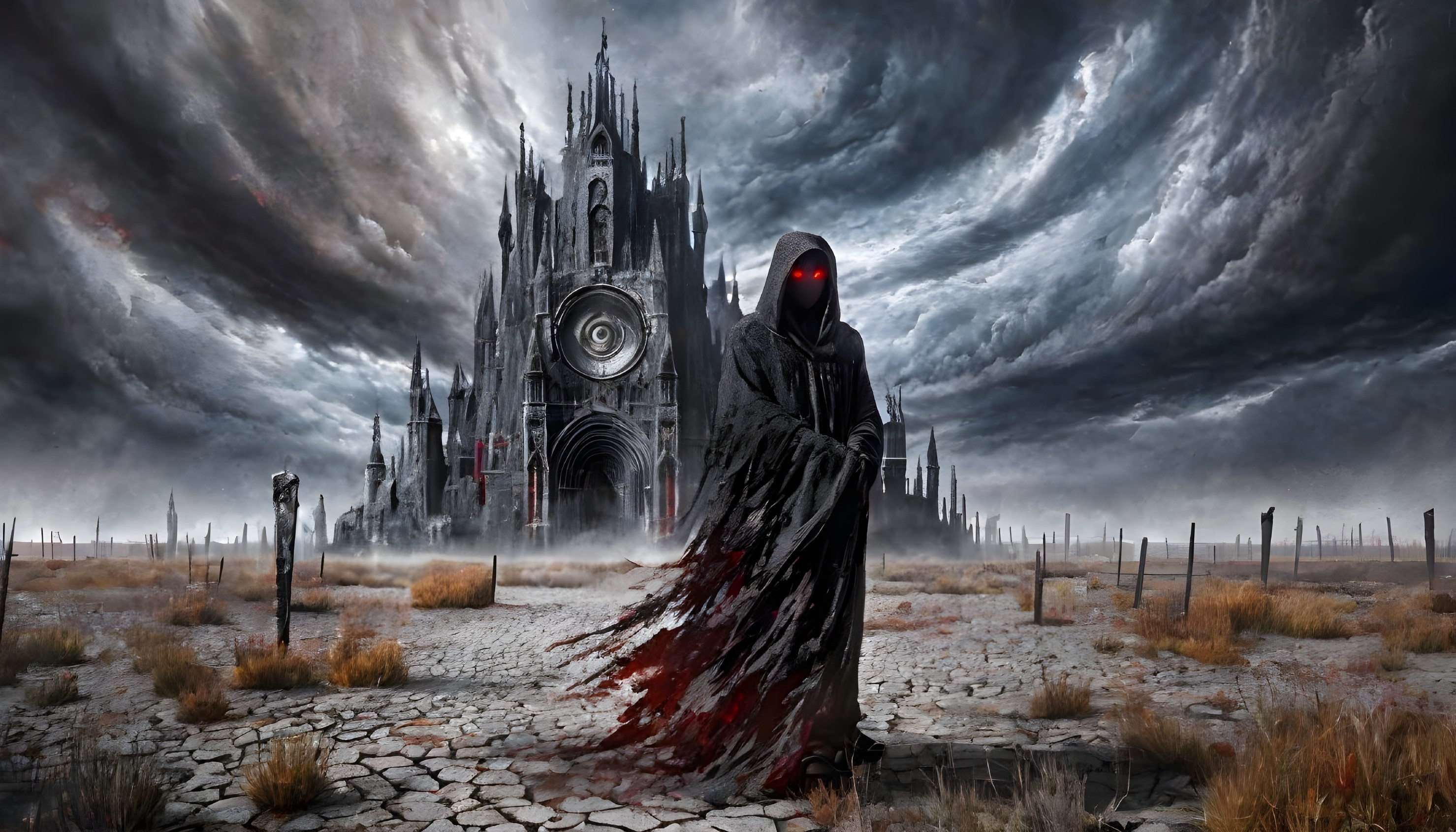 Cloaked Figure with Glowing Eyes in Gothic Landscape