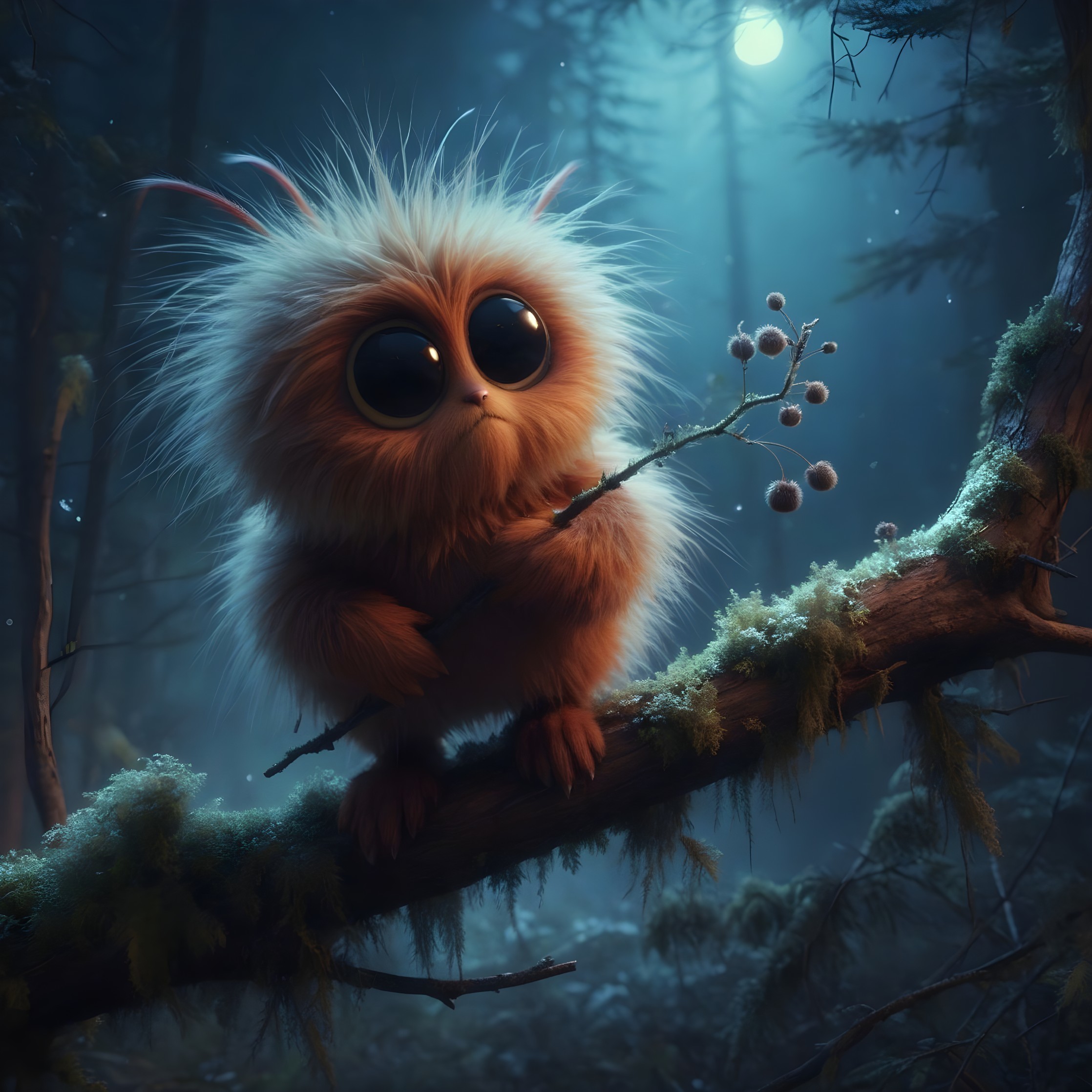 Fluffy Creature in Mystical Forest at Moonlight