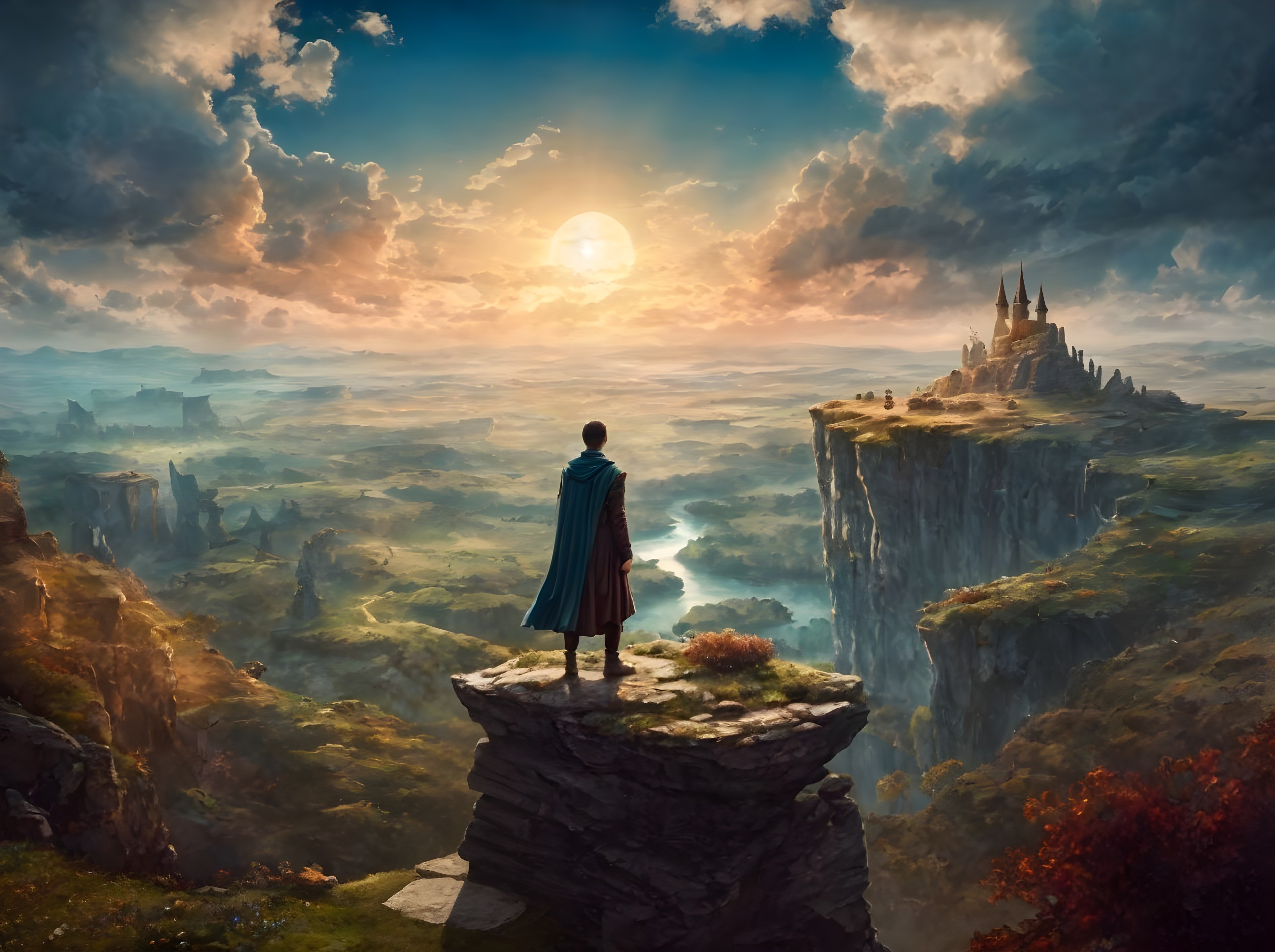 Person in cape gazes at sunlit fantasy landscape with floating islands.