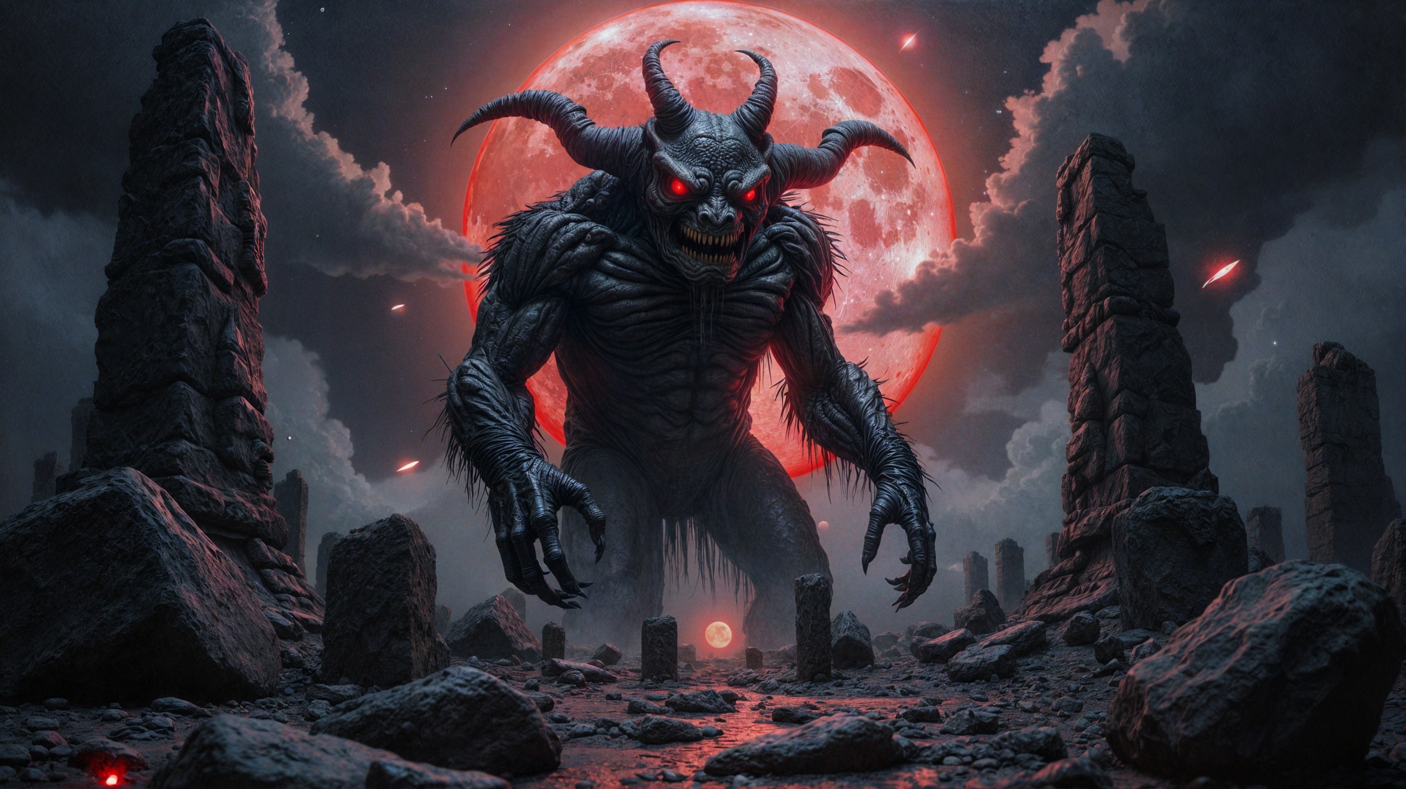 Demon with Red Eyes in Ominous Landscape Scene
