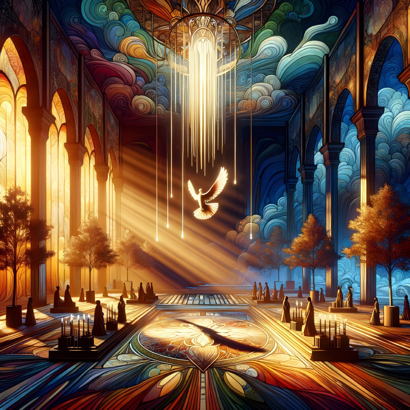 Colorful Cathedral Interior with Stained Glass Windows and Dove