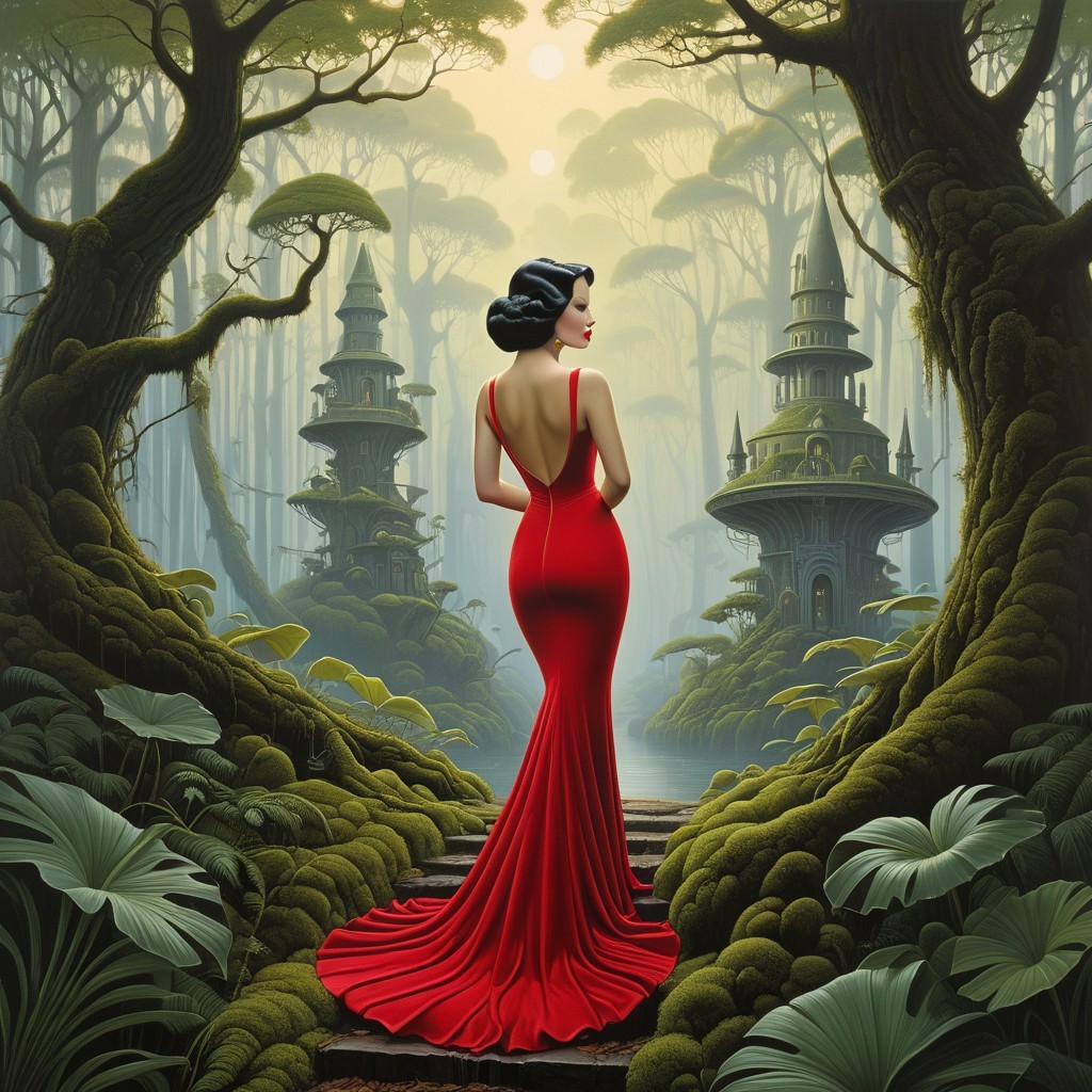 Mysterious Woman in Red Gown in Enchanted Landscape