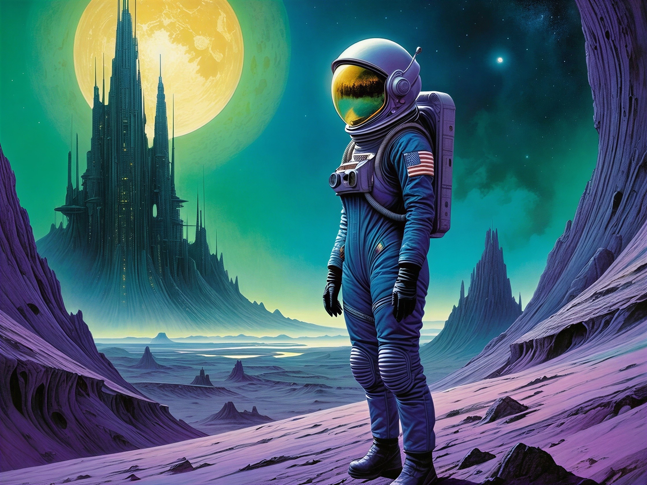 Surreal Astronaut on Alien Landscape with Castle and Moon