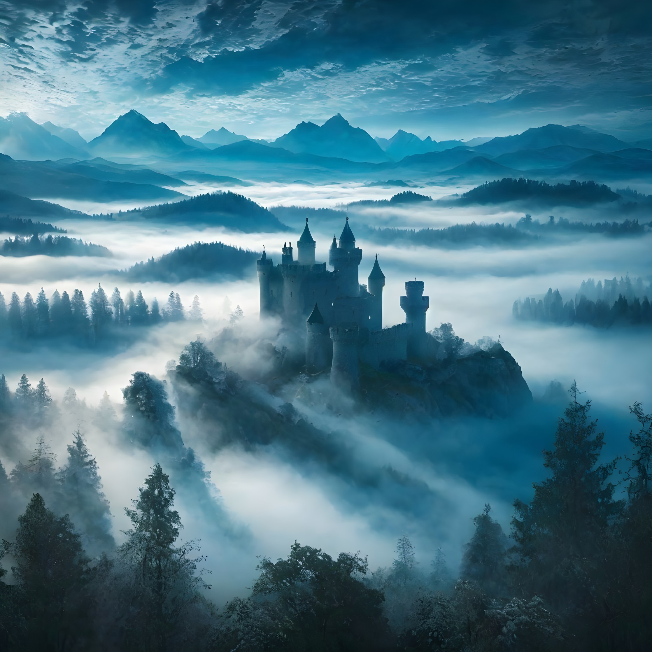 Mystical Castle Surrounded by Fog and Forested Hills