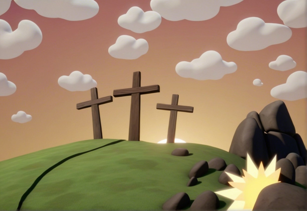 Serene Landscape with Wooden Crosses on Green Hill